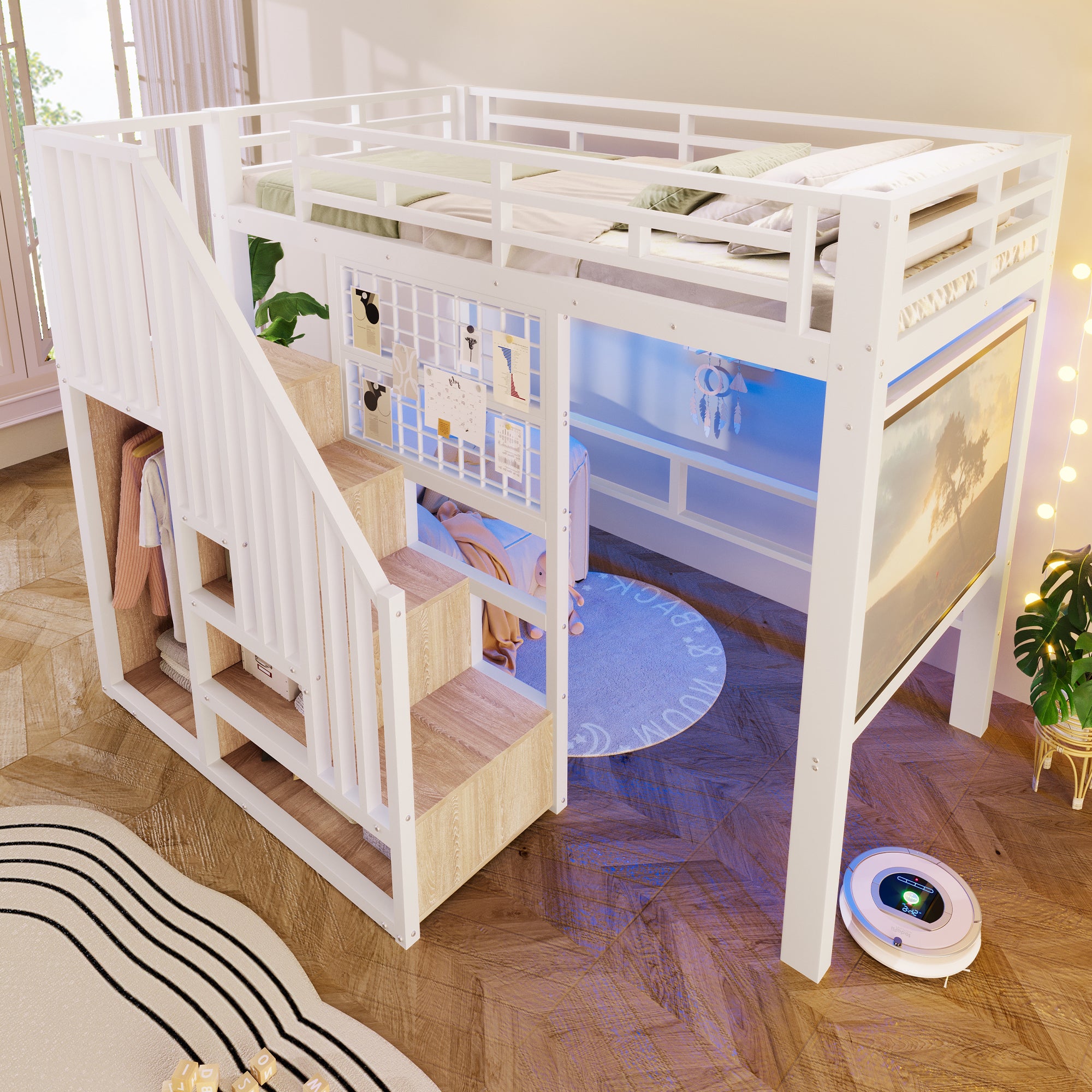 Łóżko piętrowe 90 x 200 cm ze schowkiem, otwartą szafą, barierką i oświetleniem LED – metal i płyta MDF – białe - 4