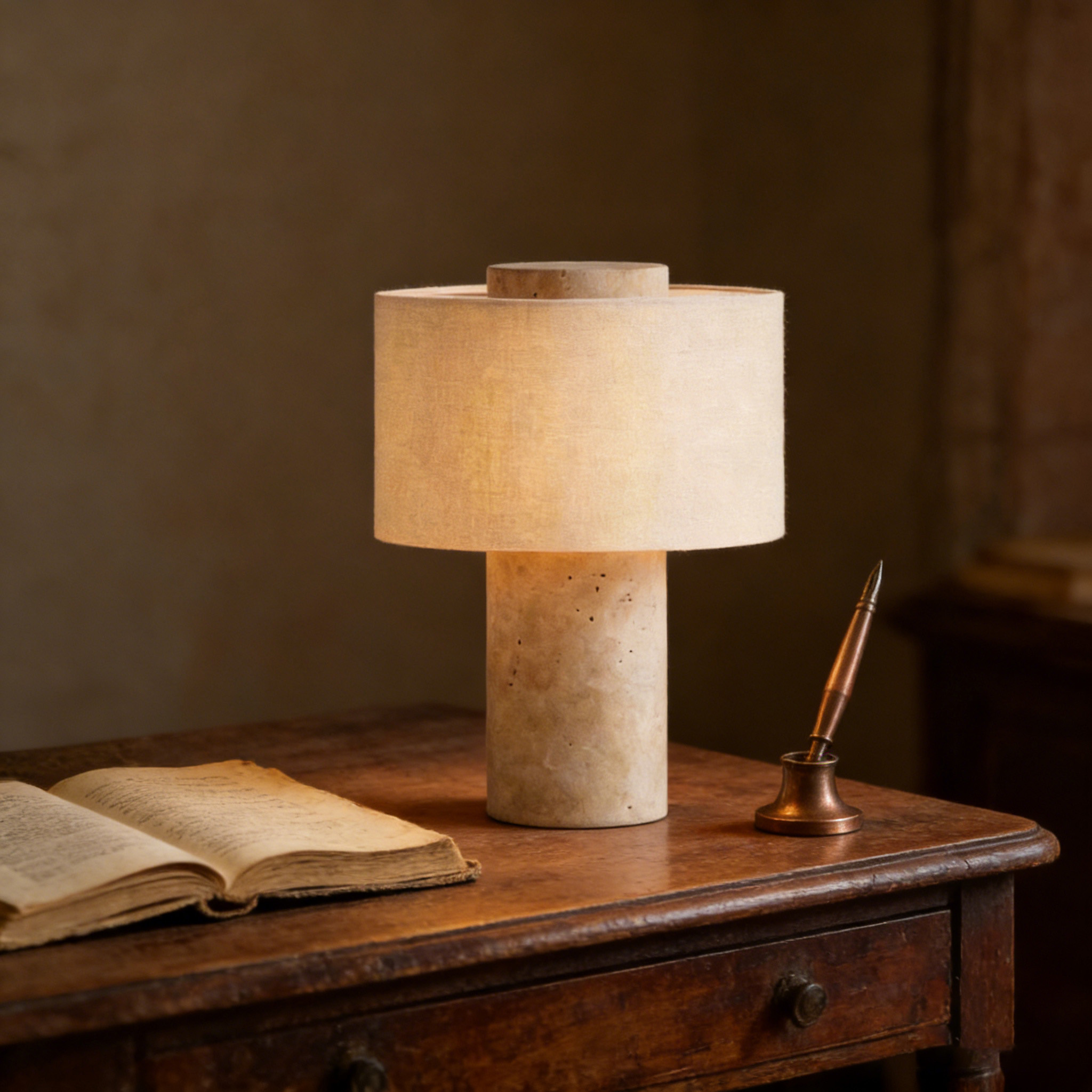 NICOLA Lampe de Table Travertin à Prise Secteur, LED Dimmable, Abat-jour en Tissu, Lampe de Chevet Minimaliste Luxe pour Chambre, Bureau et Hôtel - 6