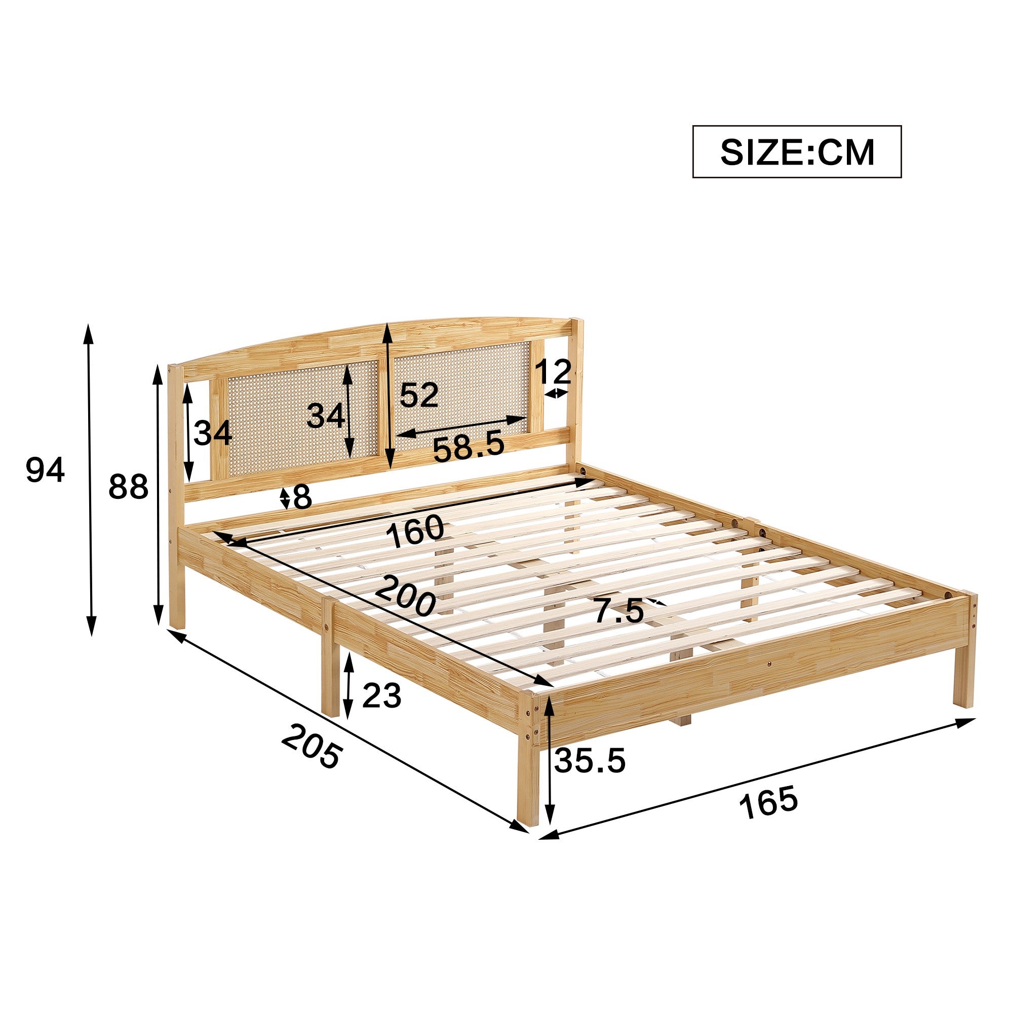 Lit double pour adultes 160 x 200 cm, structure en rotin, avec 15 lattes et un pied central, couleur bois naturel - 3