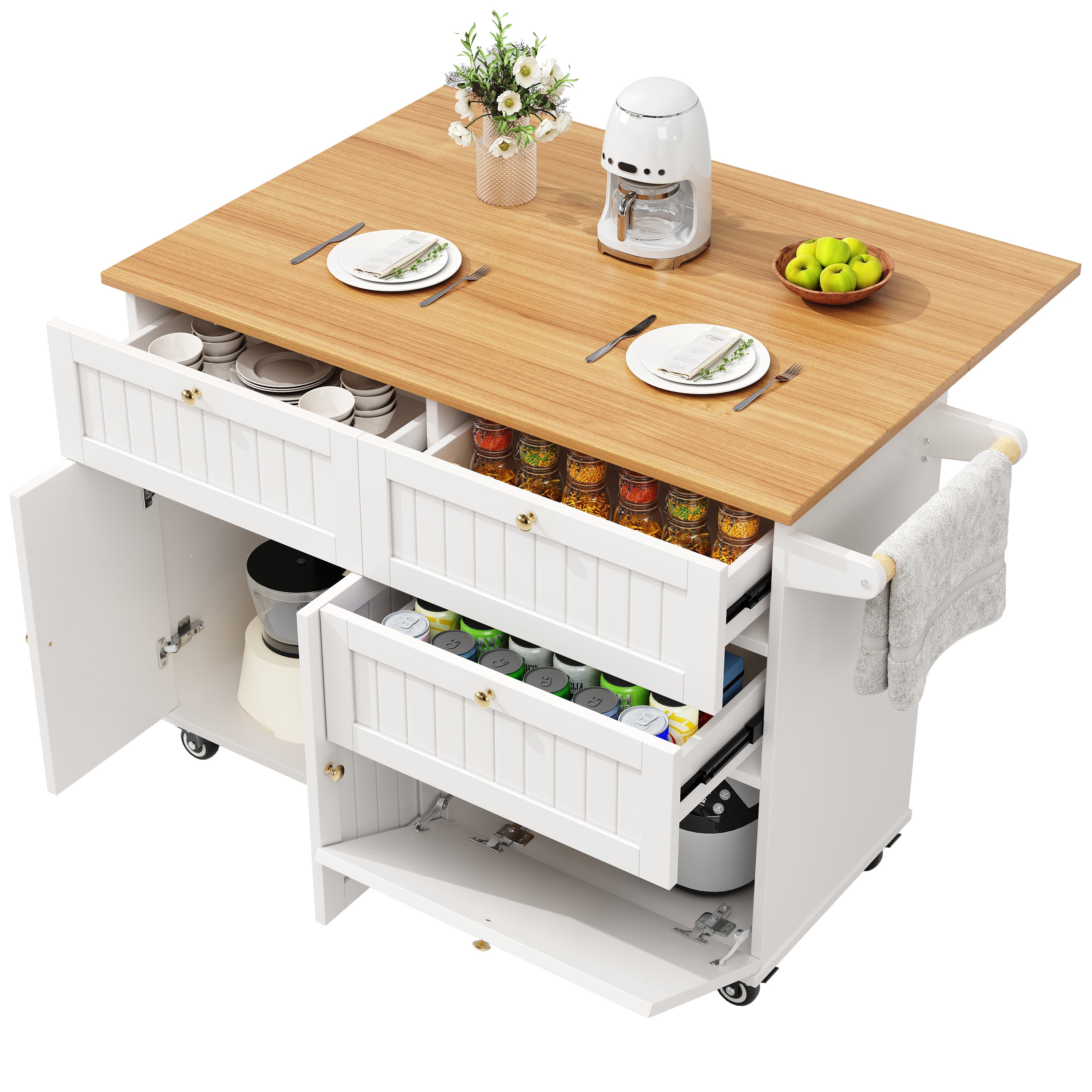 Îlot de cuisine, meuble de cuisine, meuble de salle à manger, chariot de salle à manger en grain de bois, table à manger multifonctionnelle, blanc - 5