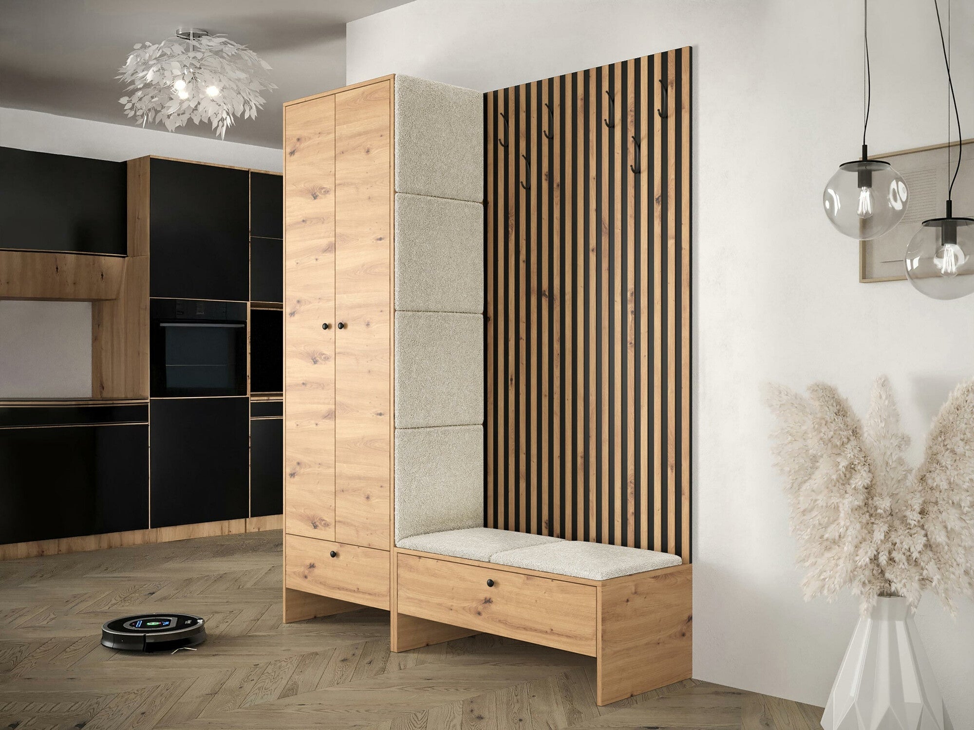 Meuble d'entrée Donio III, 206x145x44cm, Chêne Artisan, Noir, Stratifié, Tissu, À poser - 2