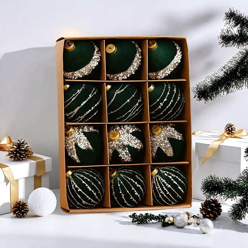 DIYDEC 12 palline di Natale 6 cm plastica velluto infrangibile bianco verde floccato set di palline per Natale, feste, vacanze, decorazioni DIYDEC 12 palline di Natale 6 cm plastica velluto infrangibile bianco verde floccato set di palline per Natale, feste, vacanze, decorazioni