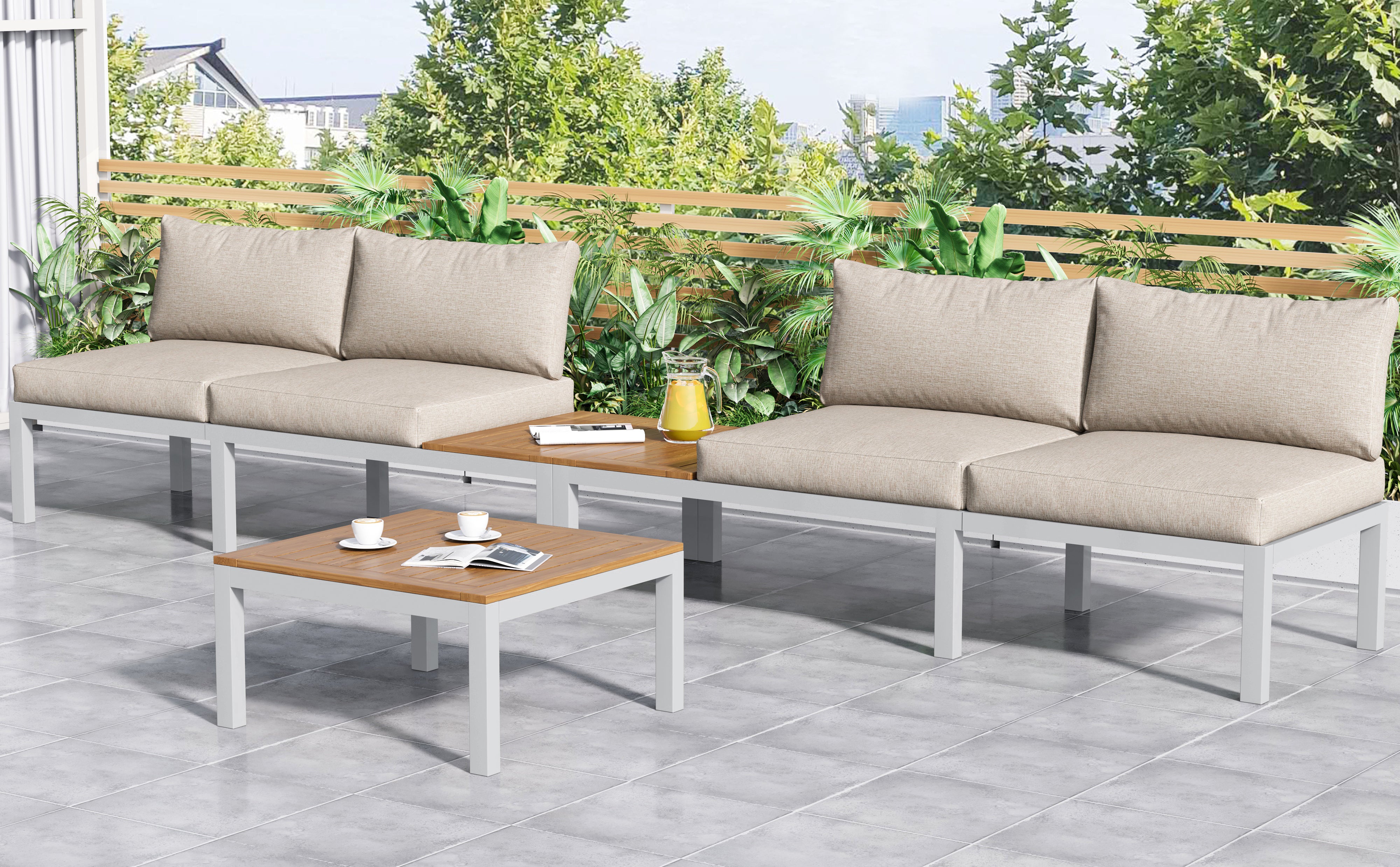 Salon de jardin modulable en bois d'acacia : 1 canapé d'angle + 2 table d'appoint + 1 table basse - Beige + marron - 6