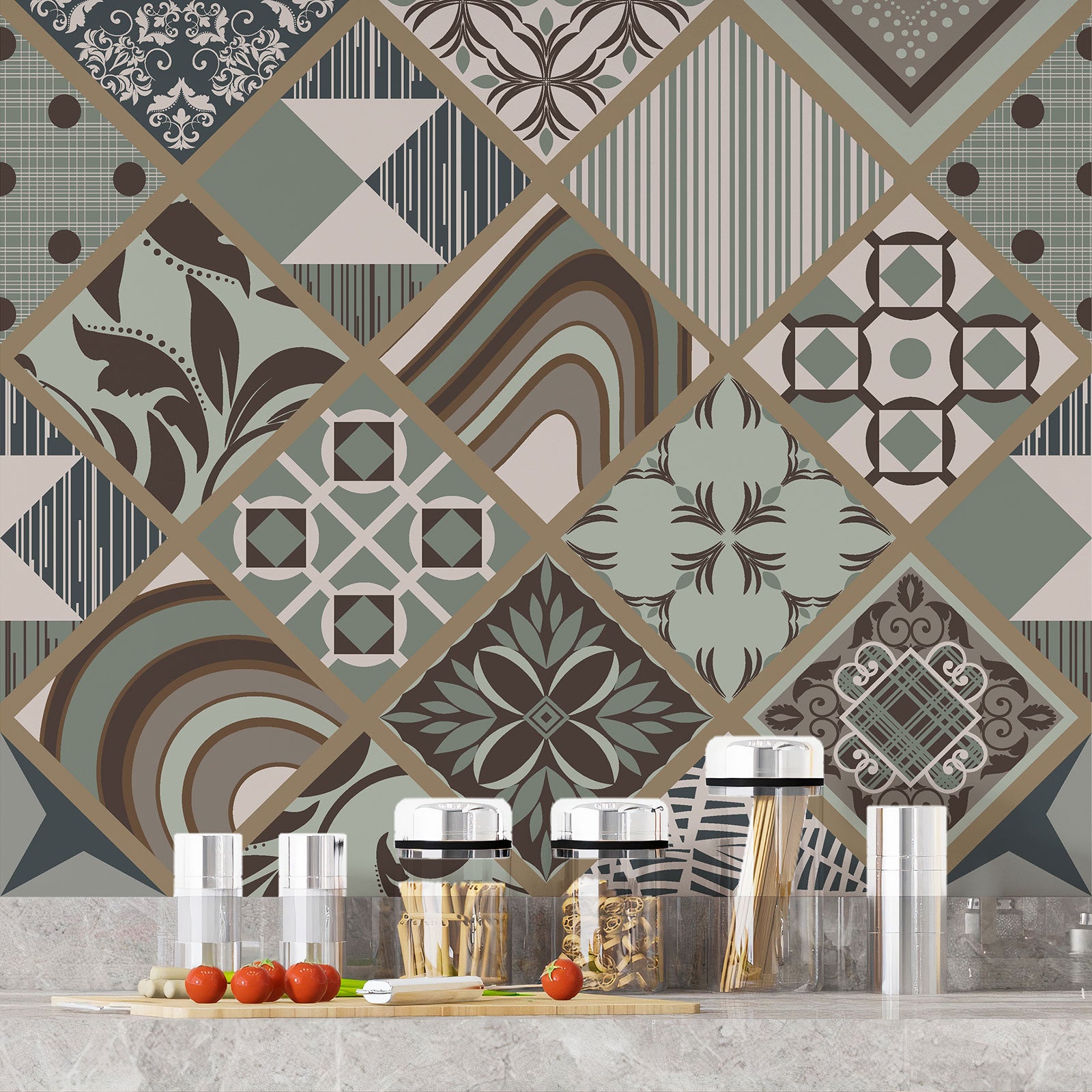 Crédence adhésive sticker décoratif pour cuisine - Effet carreaux de ciment - Adhésif MAT - 60x60 cm - 4