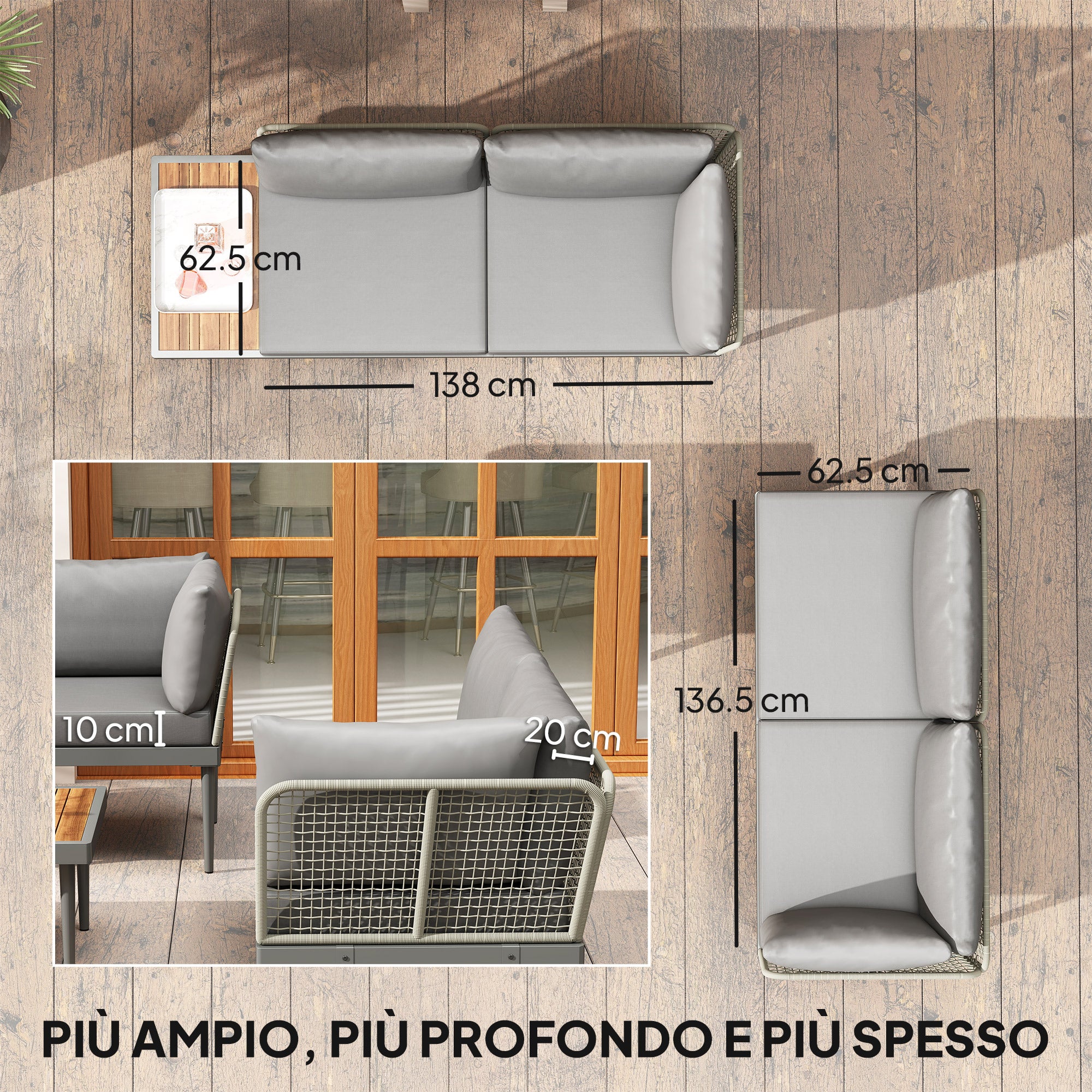 Outsunny Set da Esterno 3 Pezzi con 2 Divanetti 2 Posti e Tavolino Basso, in Rattan e Acciaio Grigio e color Legno - 5