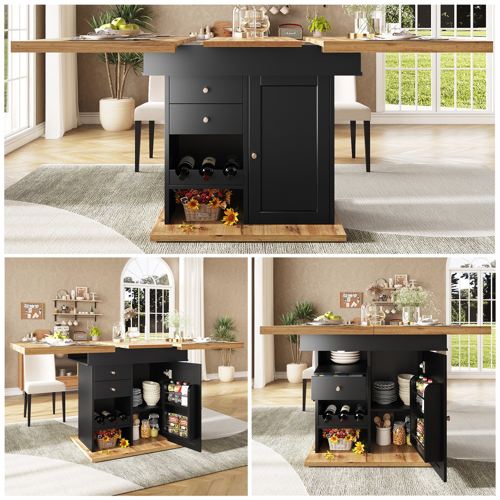 Rozkładany stół jadalny dla 4-6 osób z 1 szufladą i 2 drzwiami - 110/140 x 80 x 75 cm - MDF - Czarny + naturalny