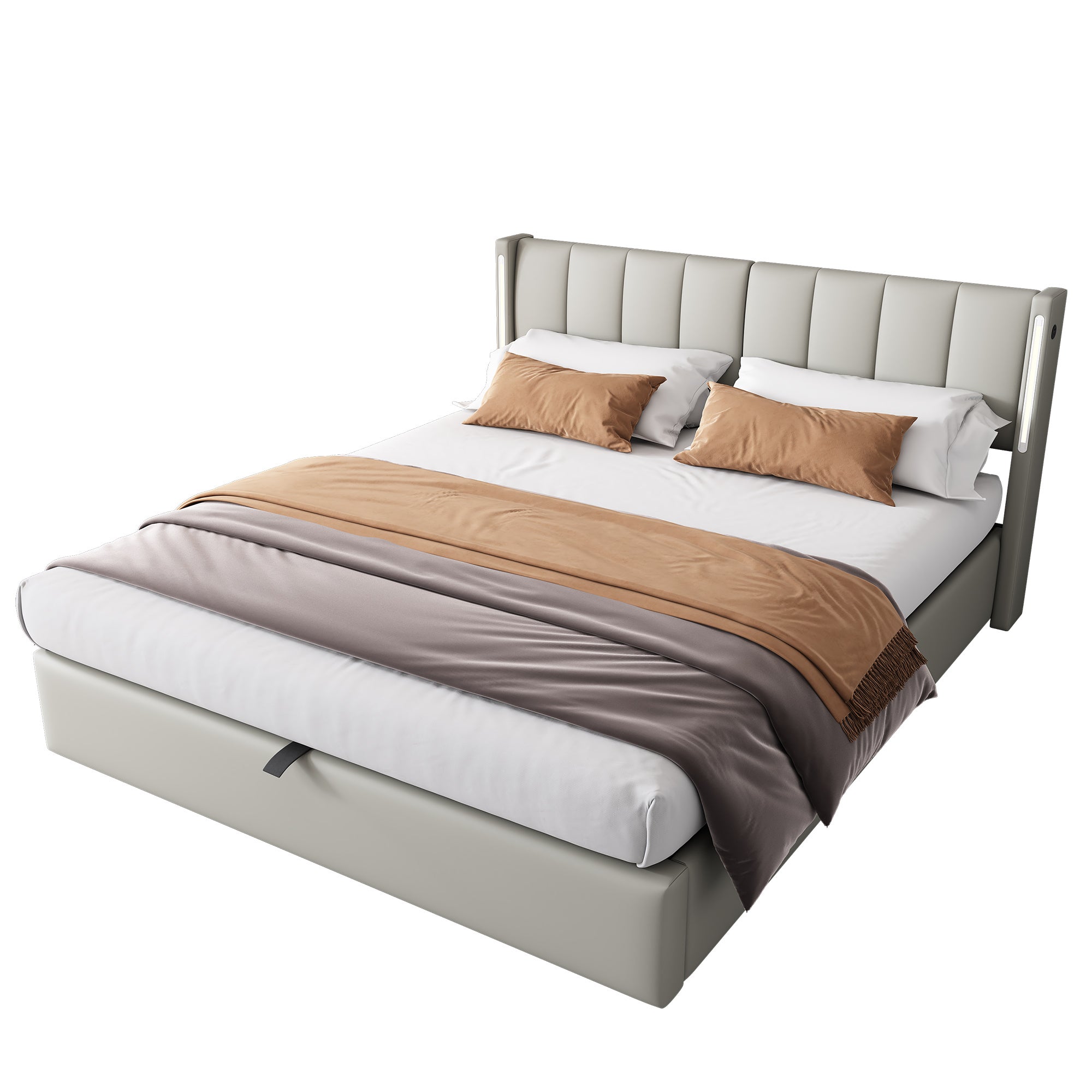 Cama Matrimonial 160x200 cm con Contenedor, USB + LEDs en ambos lados - Hidráulica Tapizada + Cabecero Ajustable, Somier de Láminas - PU + Gris - 6