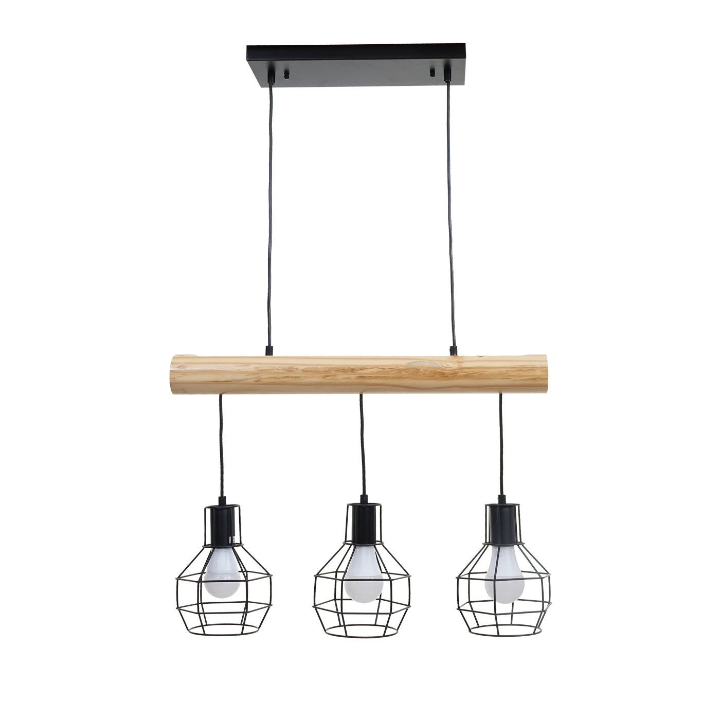 Lampe suspension lustre style industriel vintage bois massif métal noir 3 abat-jour en treillis 04_0003603 - 5
