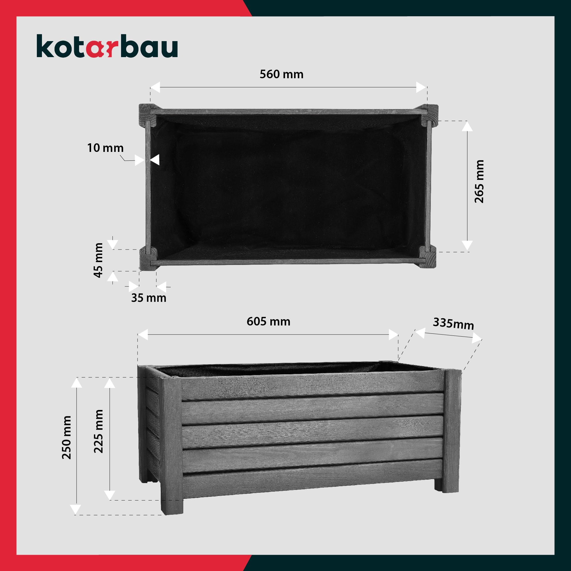 KOTARBAU Pot de fleurs en bois 60 x 33 x 25 cm Jardinière en pin carbonisé Pot de plantes Jardinière - Idéal pour jardin terrasse balcon - Anthracite - 3