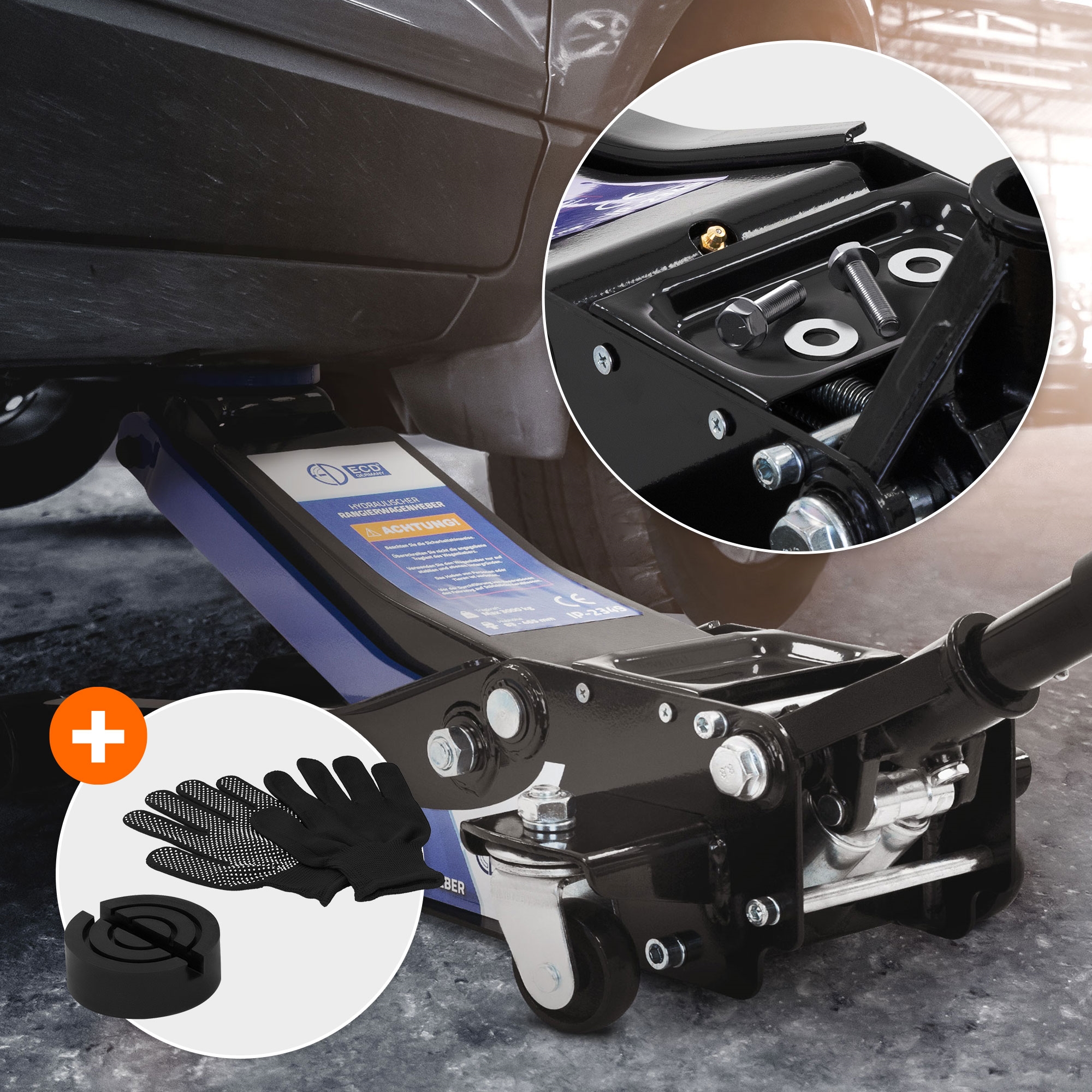 ECD Germany Macaco hidráulico para automóveis 3T com altura de elevação de 83-465 mm com 2 almofadas de borracha e alavanca longa com roletes de 360° - 5