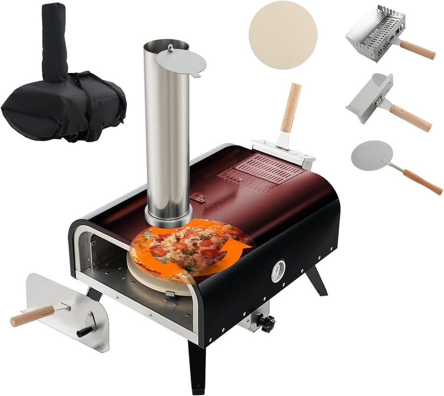 Piec do Pizzy na Drewno do Użytku na Zewnątrz, Obrotowa Kamienna Płyta do Pizzy o Średnicy 30 cm, Łopatka do Pizzy i Termometr, ze Stali Nierdzewnej