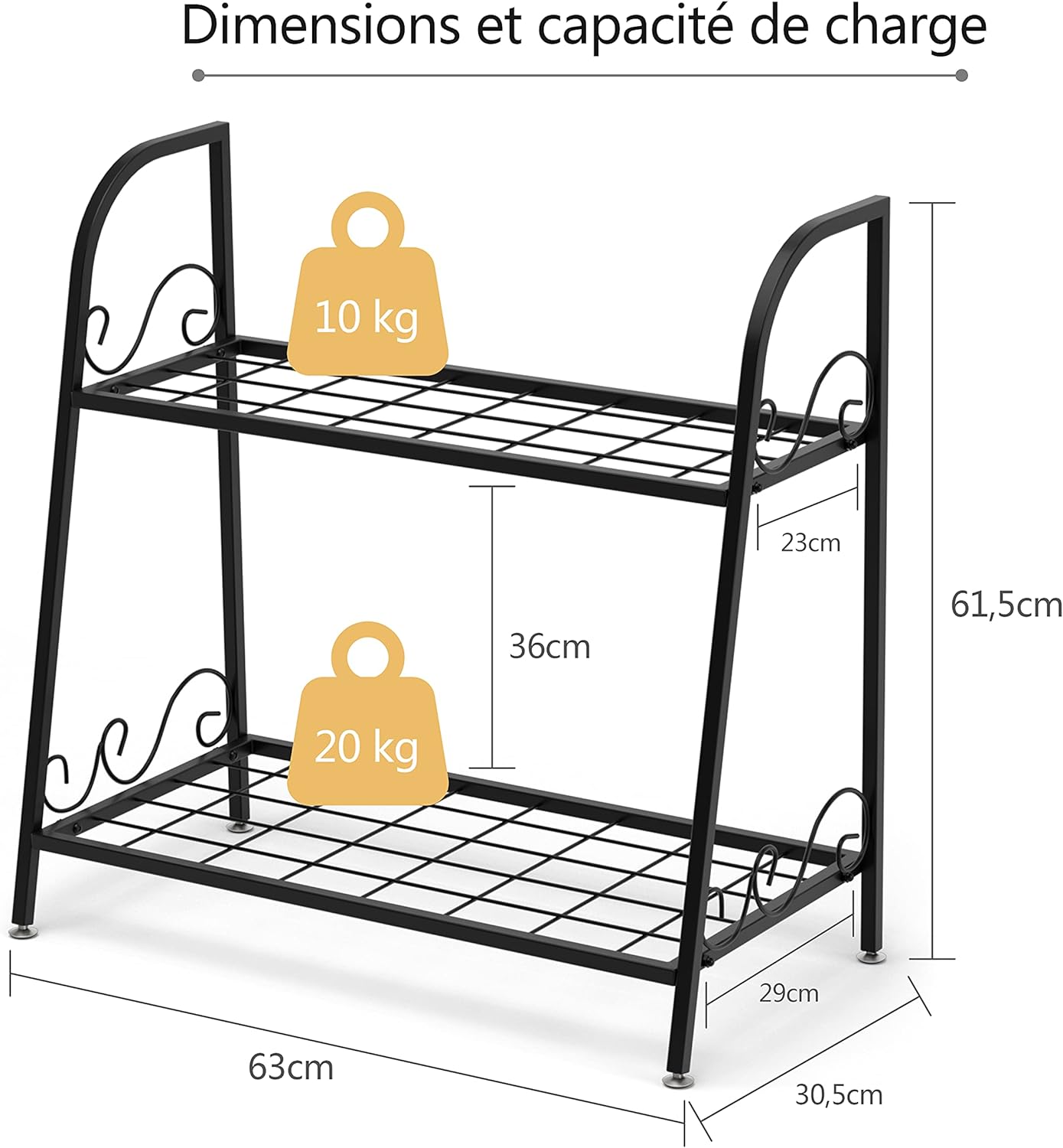 Etagère de plantes à 2 etages en métal en forme d'echelle intérieur/extérieur avec pied réglable - 3