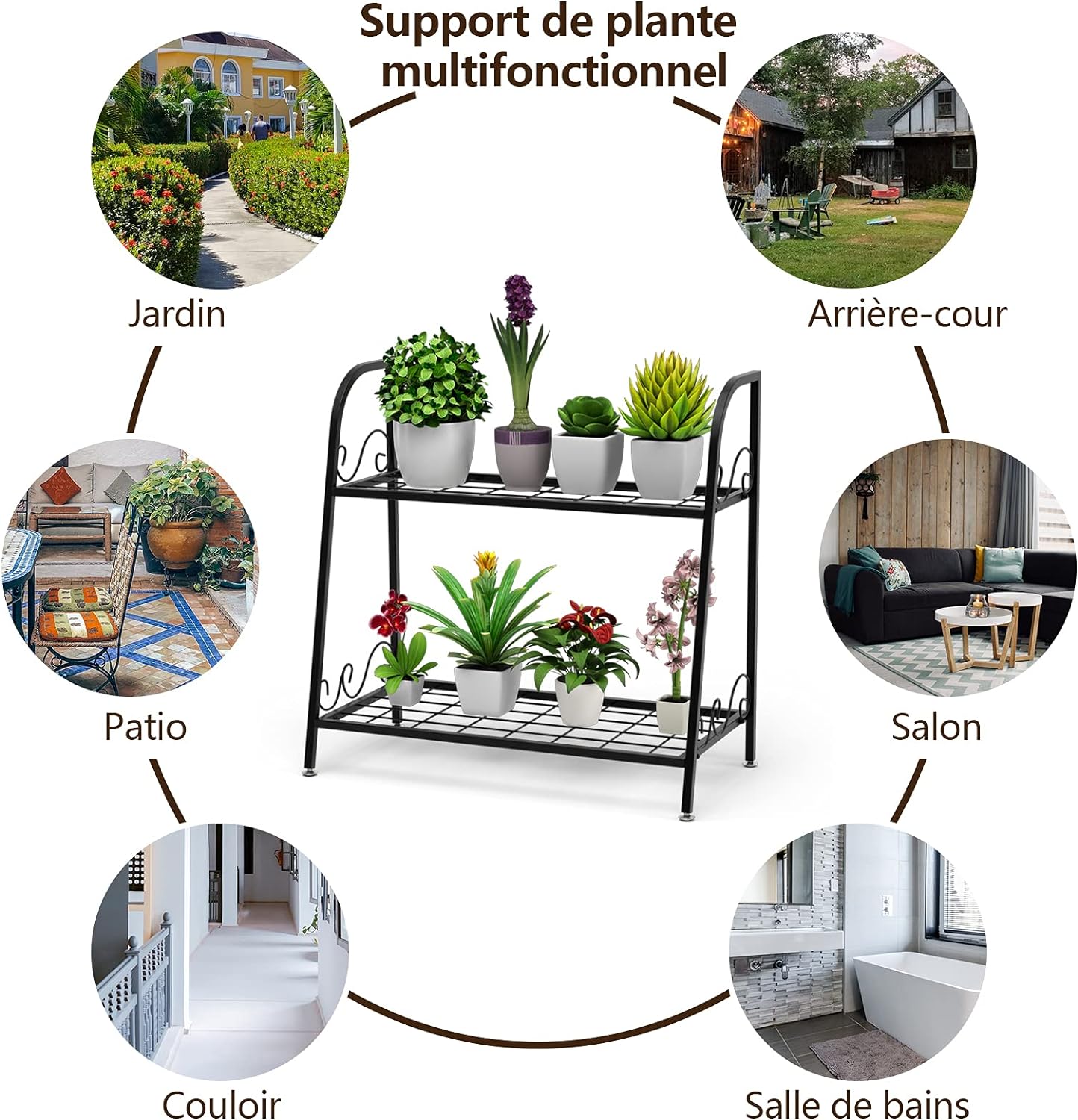 Etagère de plantes à 2 etages en métal en forme d'echelle intérieur/extérieur avec pied réglable - 6