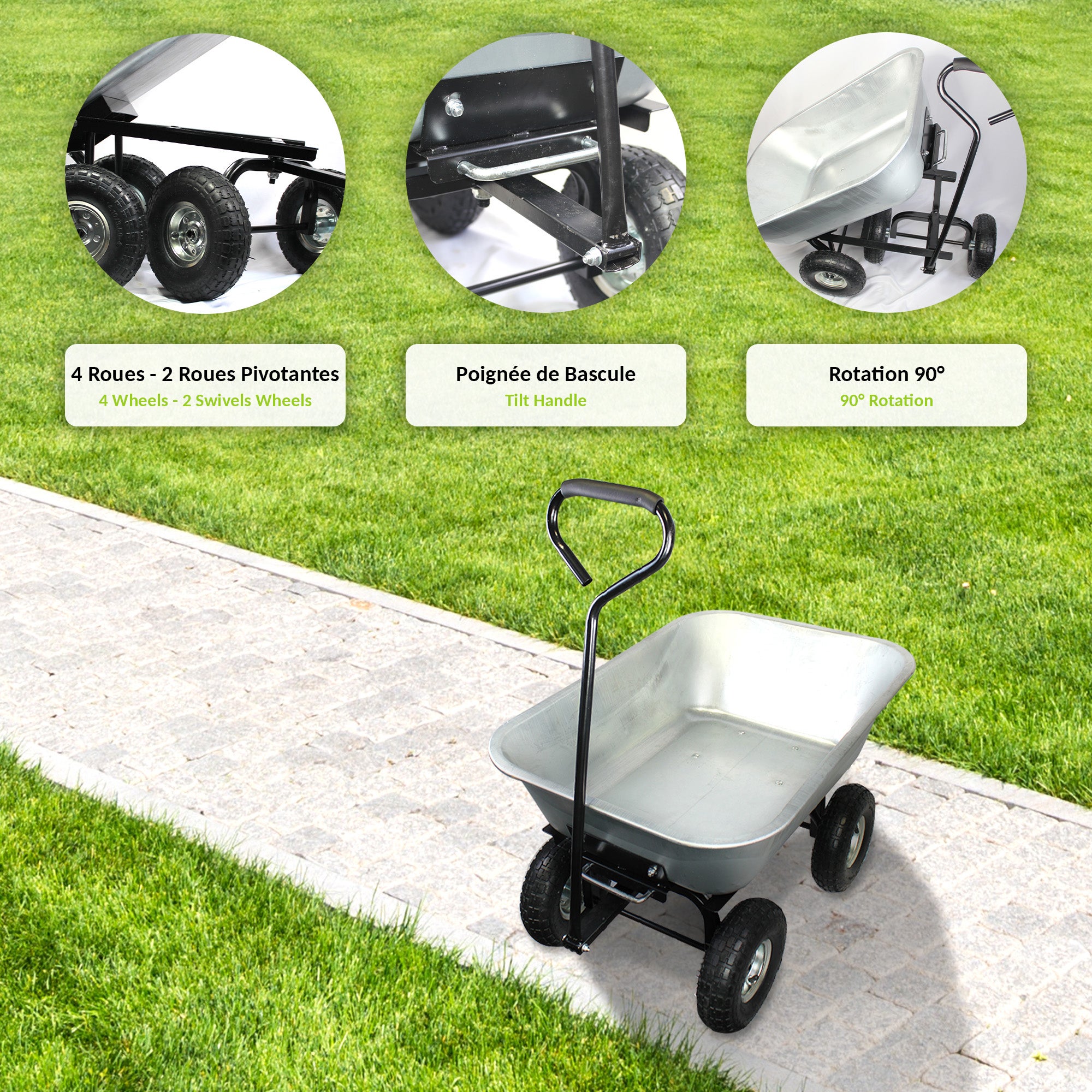 Brouette De Jardin 4 Roues 75 L FISHTEC Benne Basculante Métal Galvanisé Roues Gonflables Manche Ergonomique Charge 250 kg Jardinage - 6