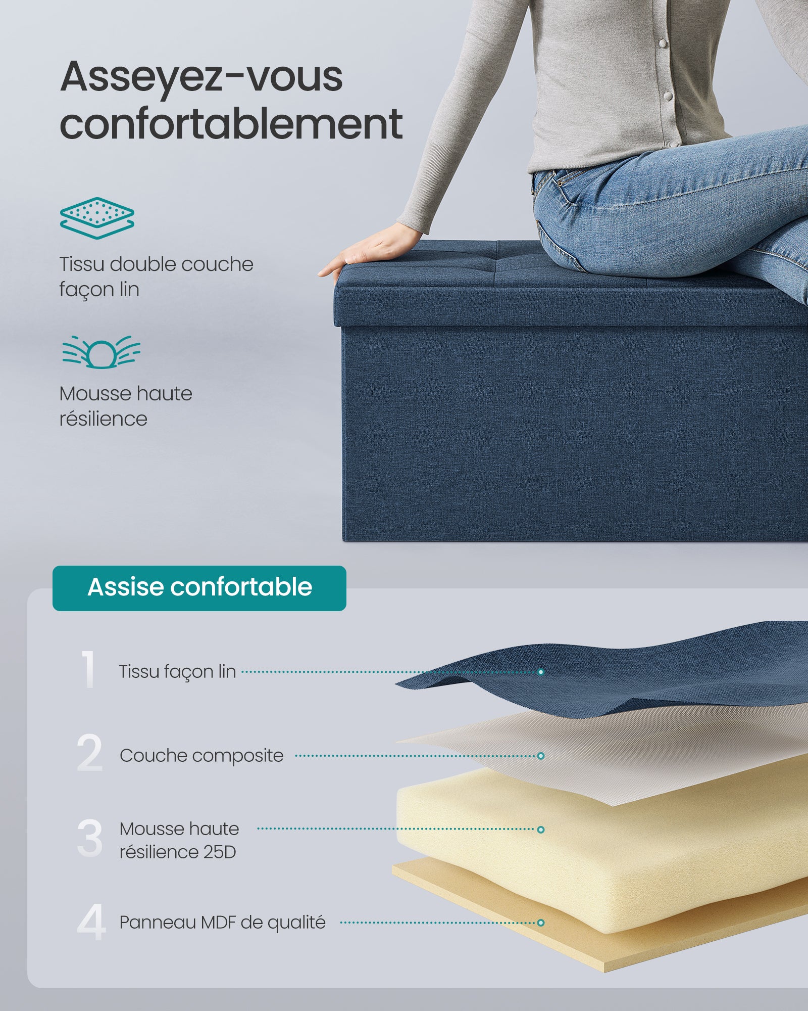Banc de Rangement Pliable de 110 cm, Coffre de Rangement, Tabouret Repose-Pieds, Pouf de Chambre, Bleu Nuit - 4