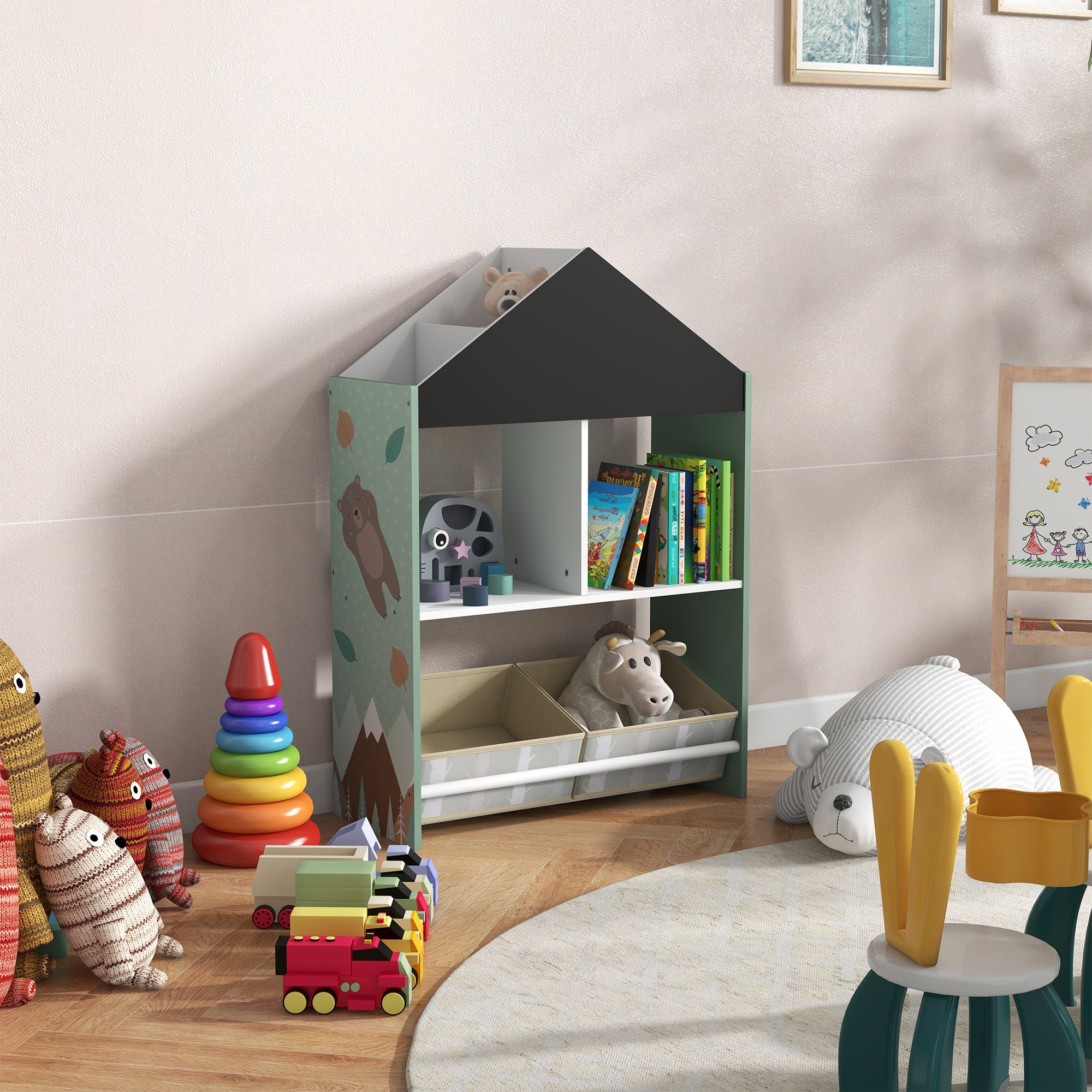 Scaffale Portagiochi Per Bambini Con Lavagna ZONEKIZ | Mobile Cameretta Cassetti Rimovibili Verde