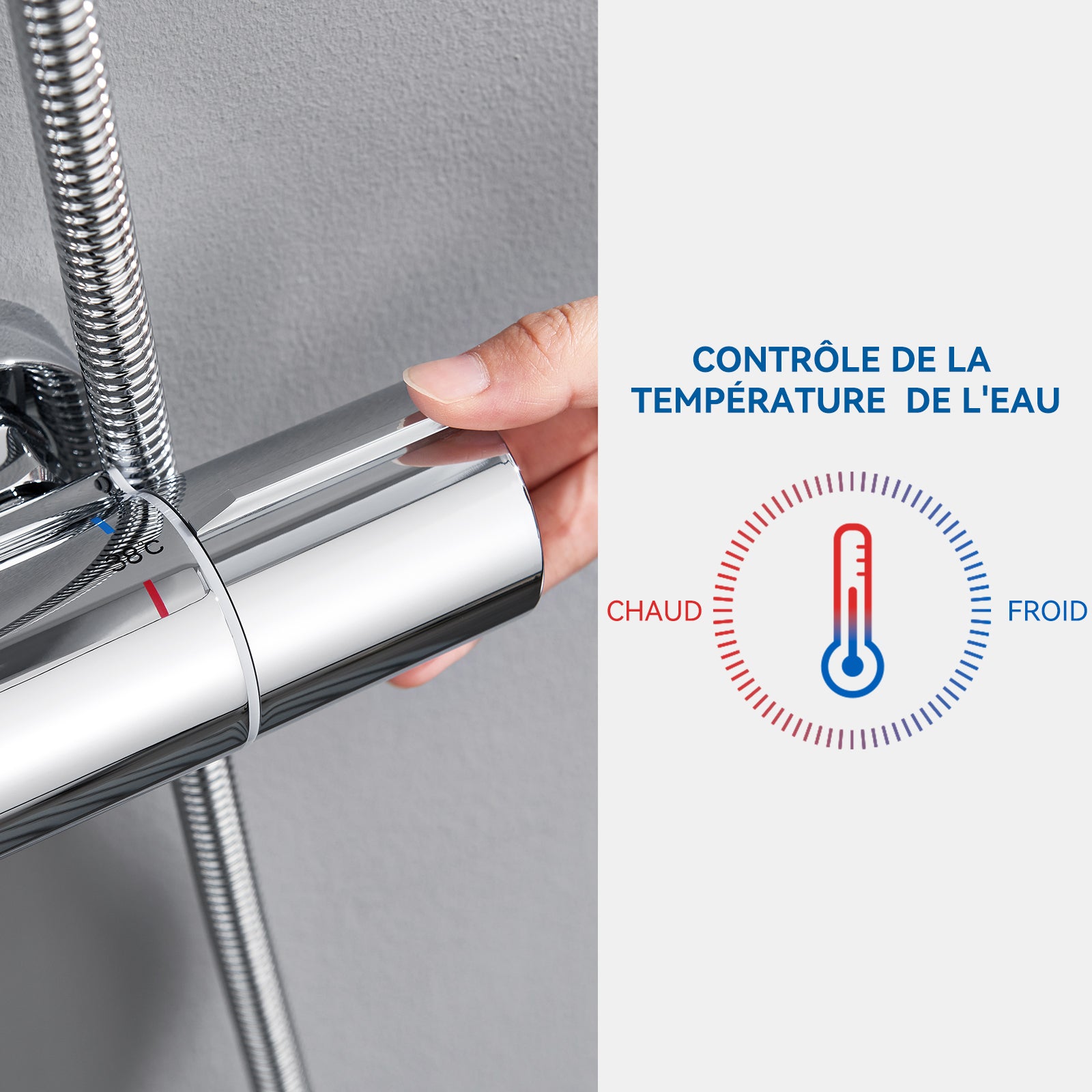 Colonne Douche Thermostatique Chromé,Hauteur Réglable Set Douche Douchette avec 3 Jets D’eau+60cm Porte-Serviettes Salle Bain Auto-adhésif/ Perçage - 3