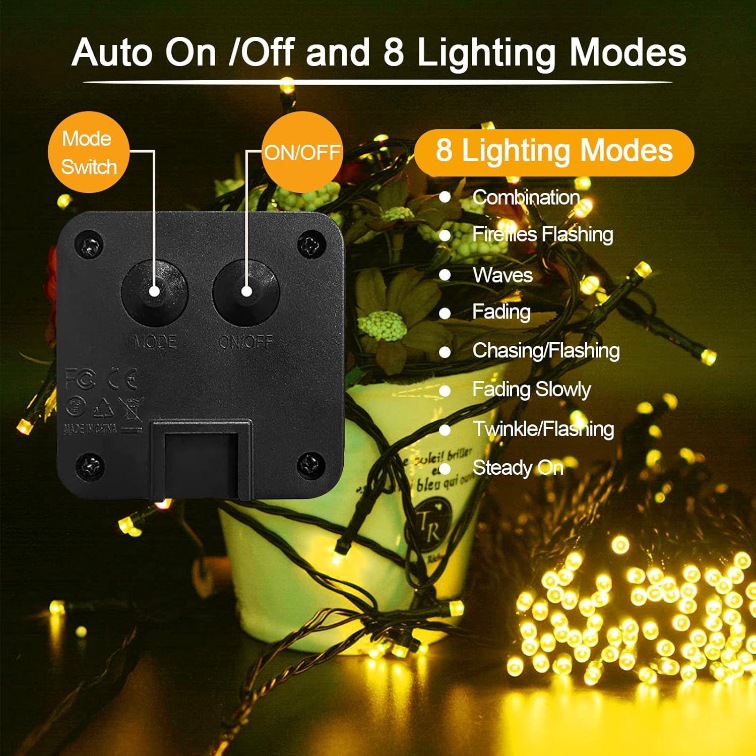 Cordão de Luzes Solares para Jardim, à Prova D'água, 22 m, 8 Modos, 200 LEDs, para Casamento, Natal, Decoração de Natal, Amarelo - 4