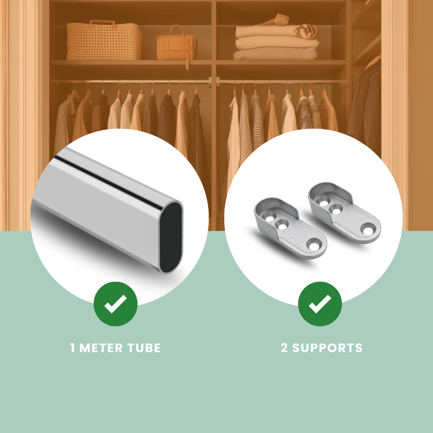 Tube Porte-Vêtements Chromé Ovale 15x30 mm Longueur 1 Mètre Pour Armoire avec 2 Supports Latéraux - 3