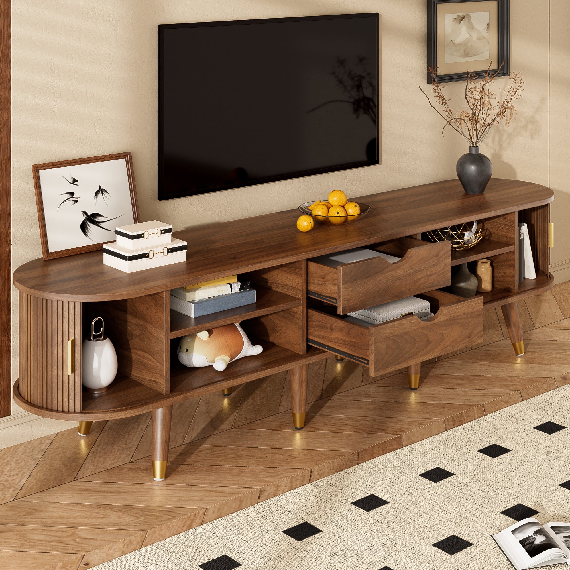 Szafa pod TV 175x38x45 cm - 2 przesuwne drzwi z rattanu - 2 szuflady - brązowy