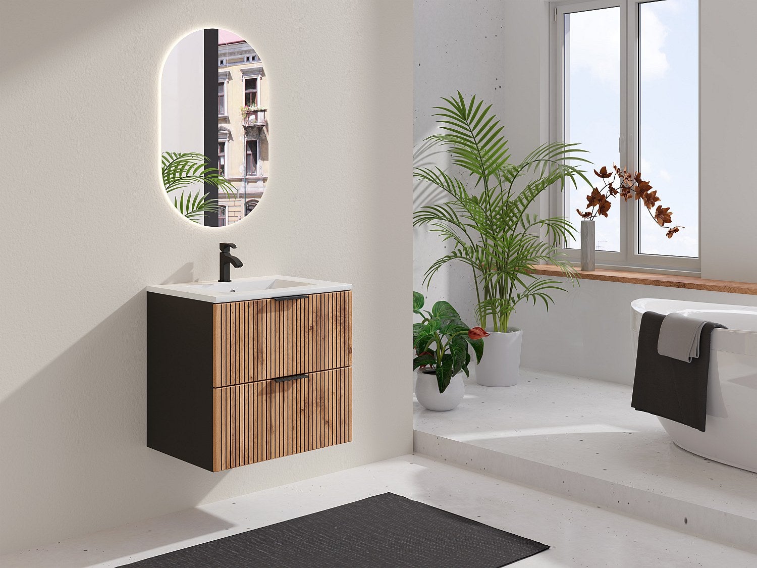 Szafka pod umywalkę wisząca ryflowana - Naturalny jasny i czarny - 60 cm - MADELA