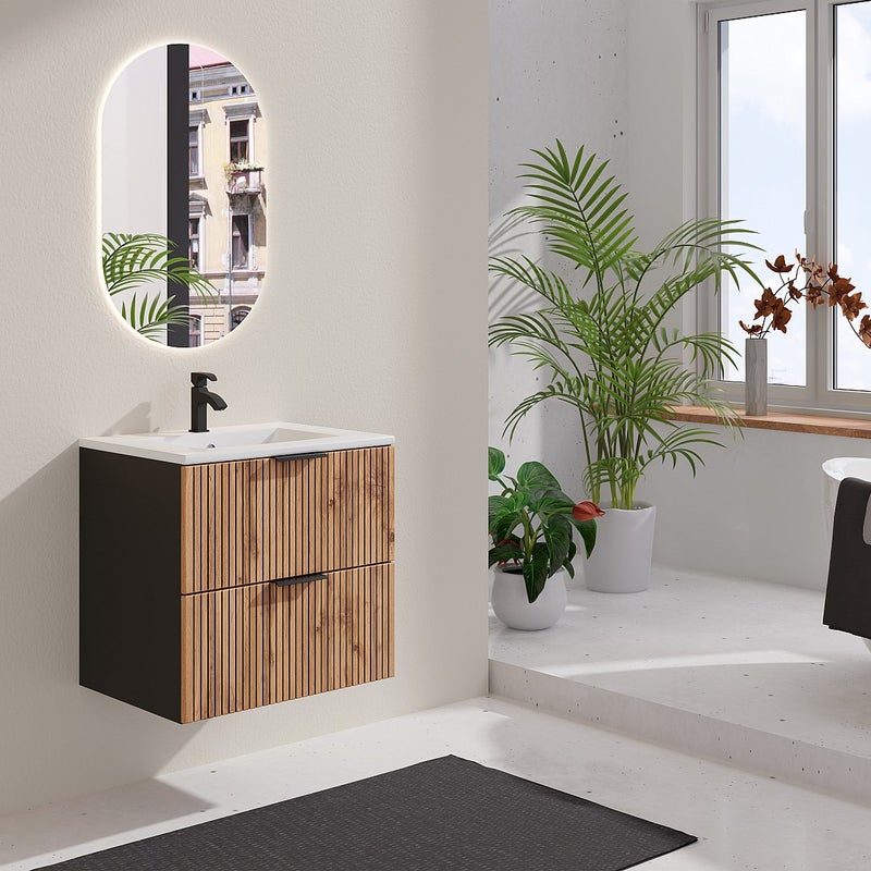 Szafka łazienkowa wisząca ryflowana z umywalką wpuszczaną w blat - Naturalny jasny i czarny - 60 cm - MADELA