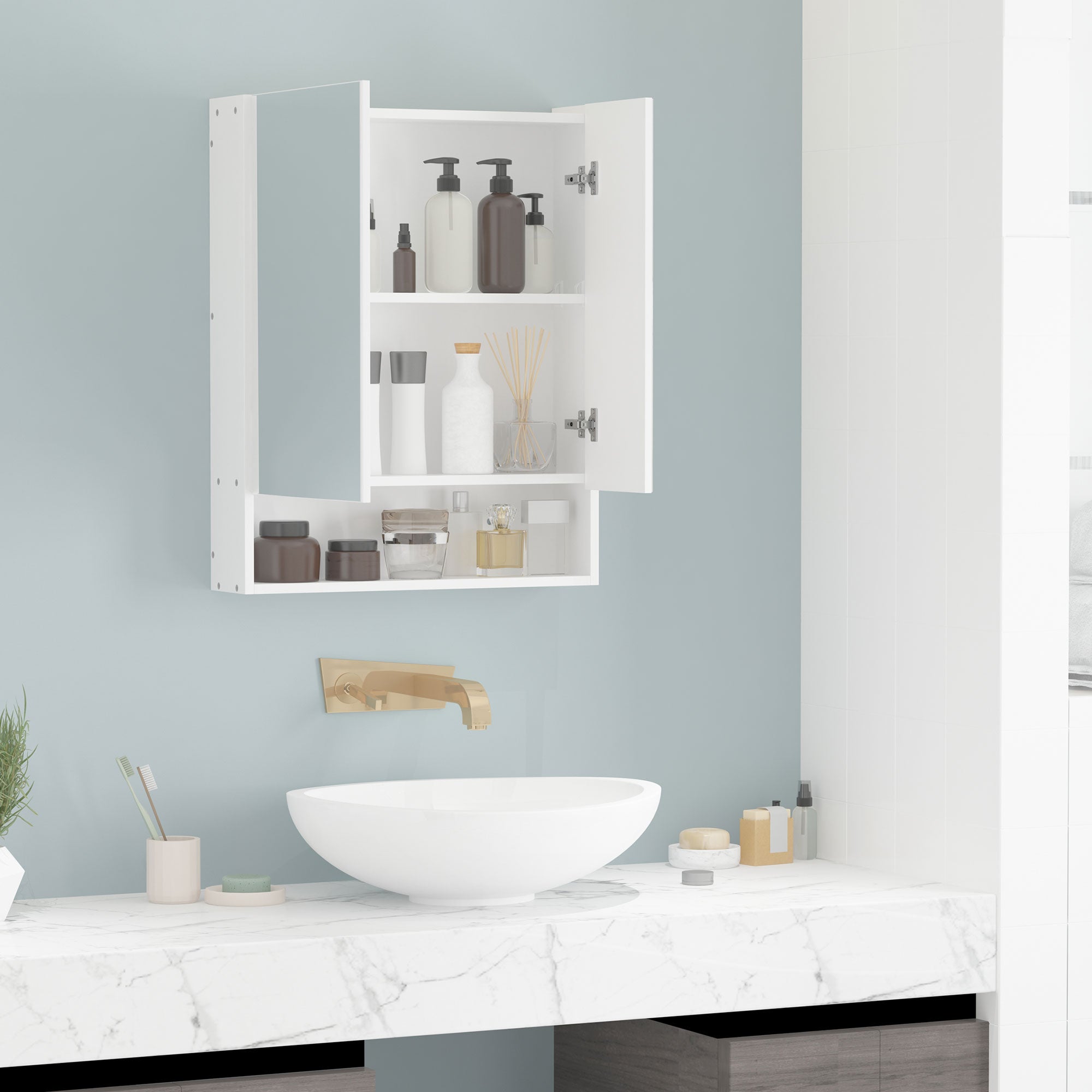 kleankin Armadietto Medicinali a Muro con Serratura, 5 Ripiani e Mensole Regolabili, in Legno e Vetro, Bianco, 30x20x70cm