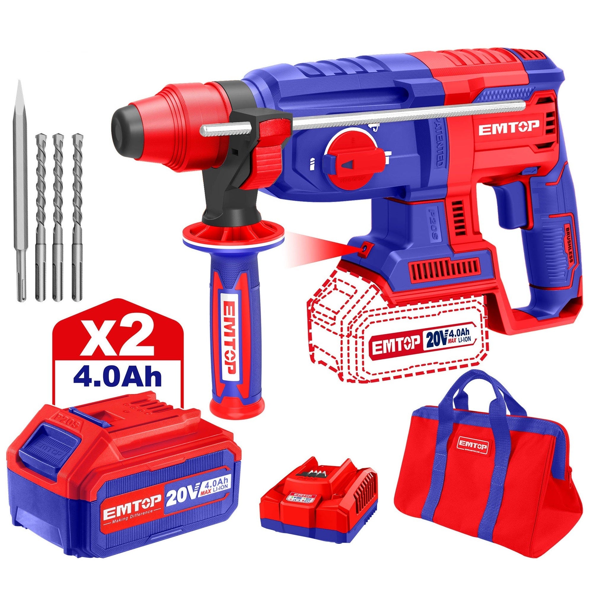 Marteau Perforateur Sans Fil VONROC 20V 3-en-1 - Perceuse Visseuse Avec Accessoires VPower