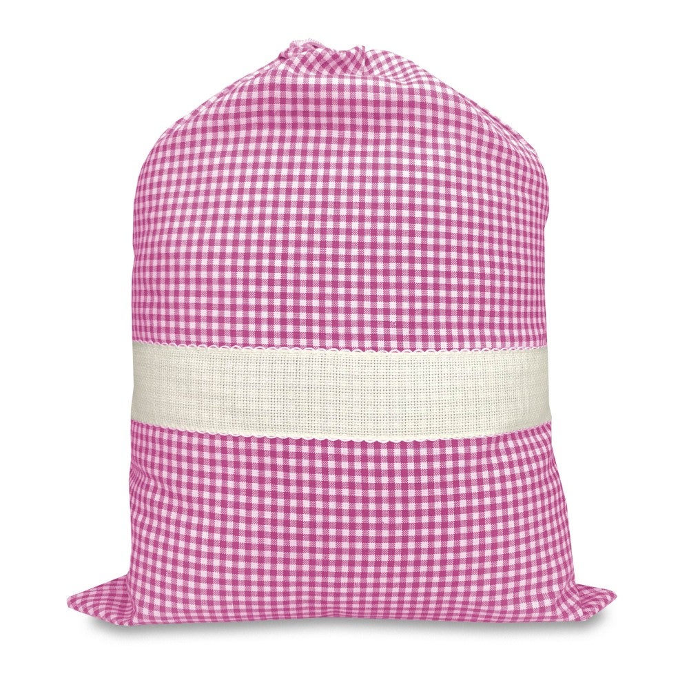 SAC de la MATERNELLE ?� CARREAUX FILS TEINTS avec de la toile A??DA ?� broder le nom de Rose 