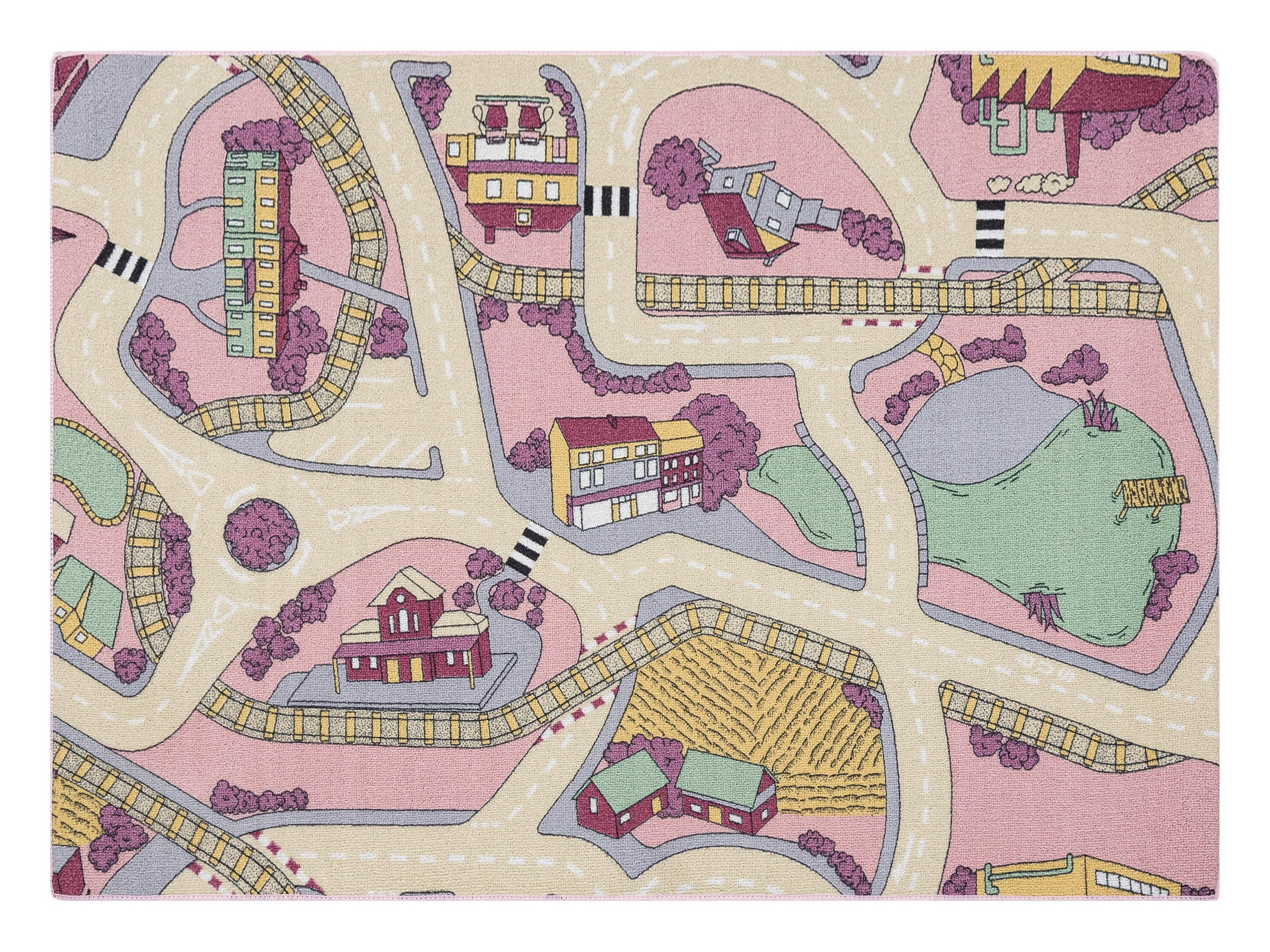 DYWAN REBEL ROADS Playtime 63 Miasteczko, dla dzieci antypoślizgowy - różowy / beż 140x200 cm