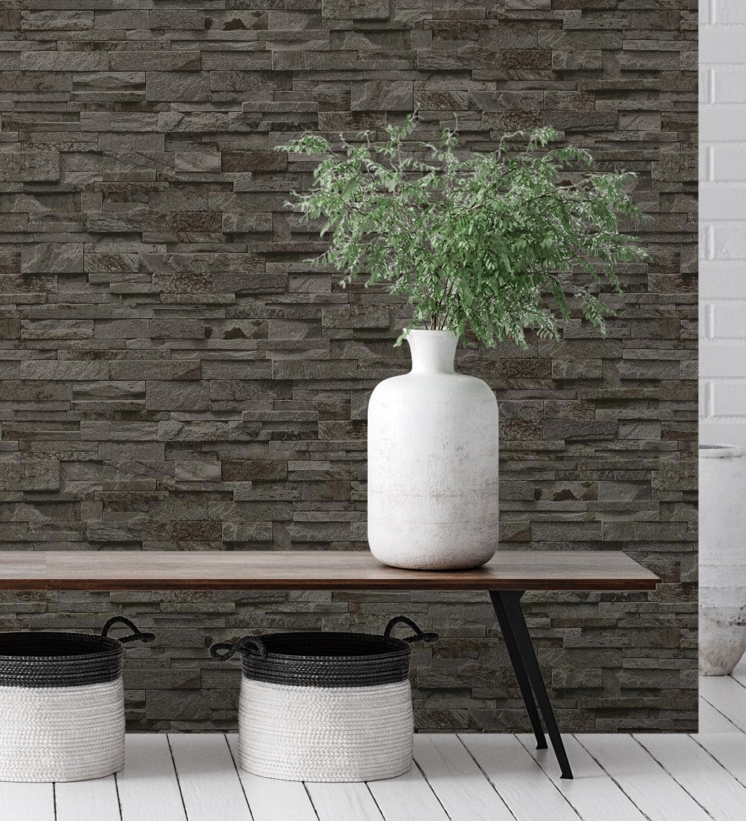 Papel pintado vinílico lavable imitación muro de piedra pizarra con textura en relieve - austin stone 127674 de gaulan - rollo de 10 m x 0,53 m