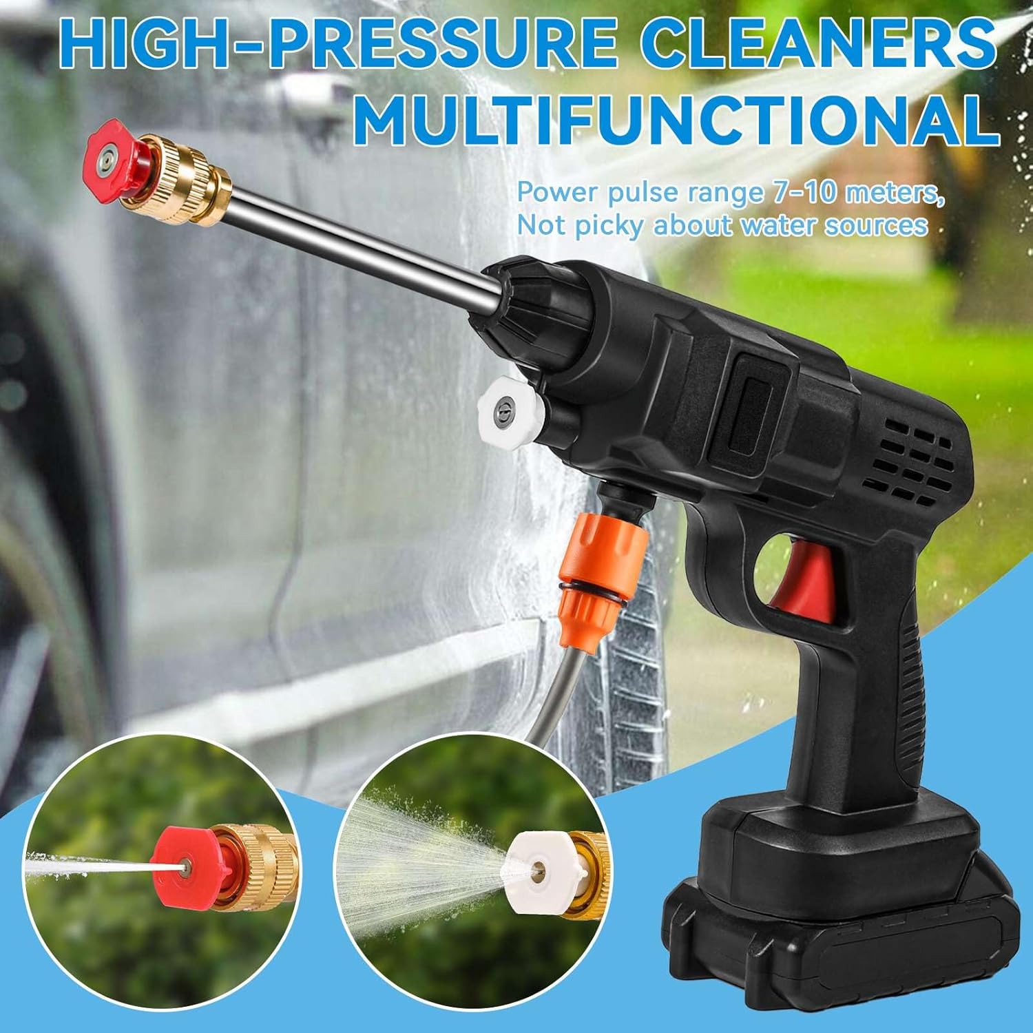 Nettoyeur Haute Pression Sans Fil JEMORA - Pistolet Sur Batterie Avec 2 Batteries Puissantes Et Buse 6-en-1 Pour Voiture, Jardin, Terrasse (Bleu)