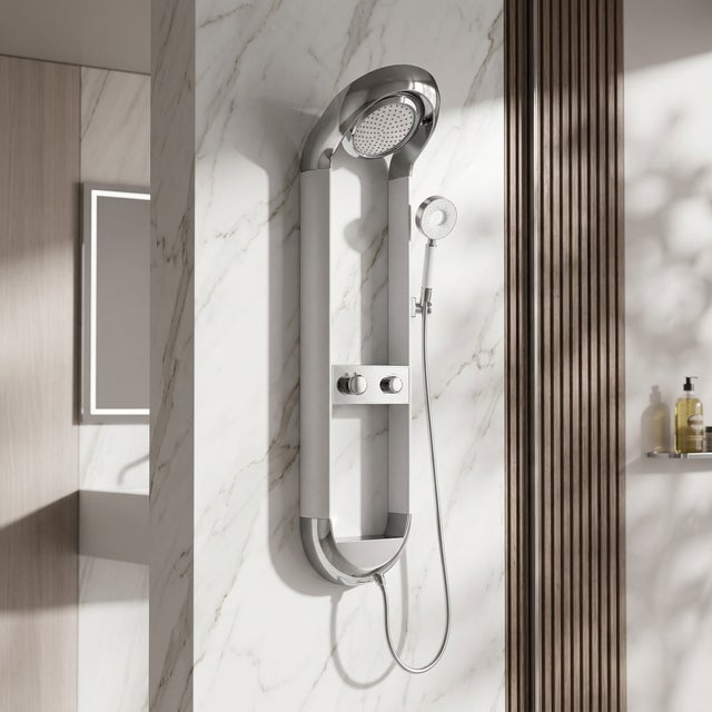 Colonne de Douche Hydromassante Multifonction Blanc avec Rangement Intégré, Panneau de Douche Mural Effet Pluie Cascade Douchette 3 Jets, en Laiton