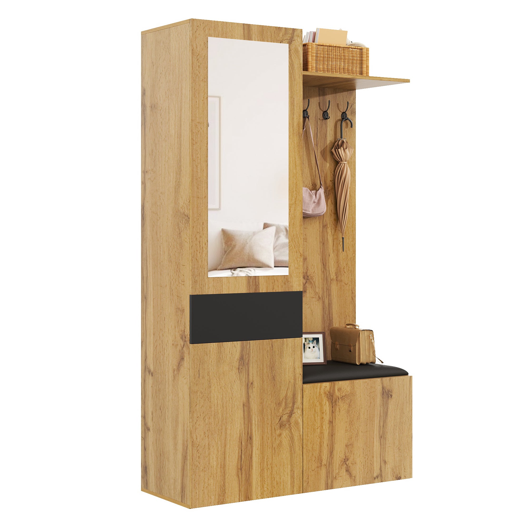 Ensemble meuble à chaussures avec banc + miroir + porte-manteau - 98,5 L x 38 l x 191 H cm - 3 portes et 1 tiroir - MDF - Naturel + noir - 8