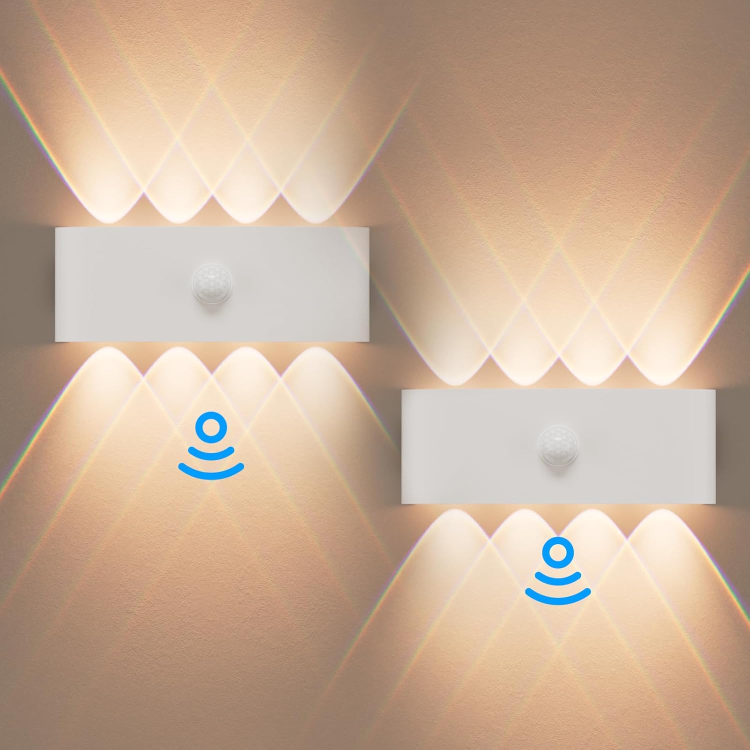Lampa ścienna zewnętrzna/wewnętrzna, czujnik ruchu, 8 W, światło białe ciepłe 3 000 K, IP65, zestaw 2 szt., biała