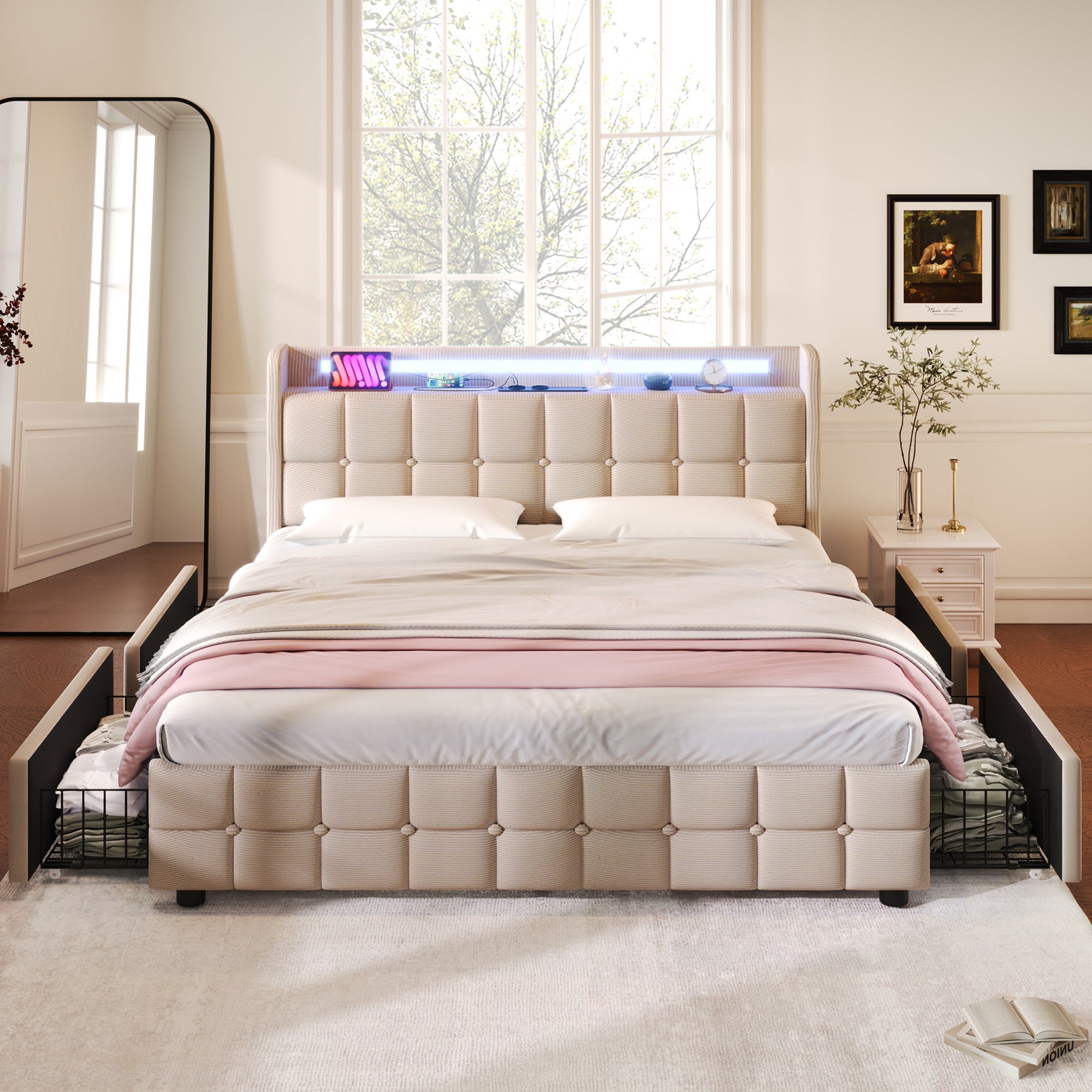 Łóżko tapicerowane 180x200cm z lnu - z LED i portami ładowania USB - 2 szuflady - Beżowe - 2