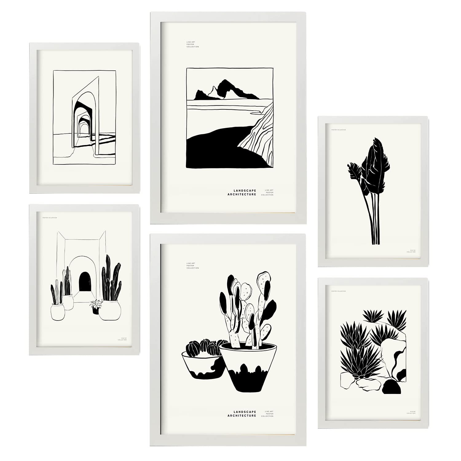 Nacnic set de 6 posters en tinta negra cactus en macetas láminas artísticas y abstractas para el diseño y tamaños a3 & a4 marcos blancos