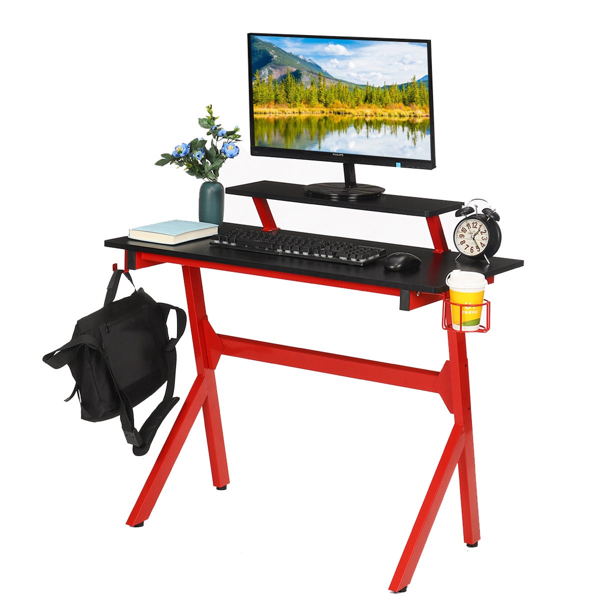 Bureau Gaming Pro 140 Marcel Olsen Avec LED - Finition Fibre De Carbone Noir, Support écouteurs, Porte-gobelet