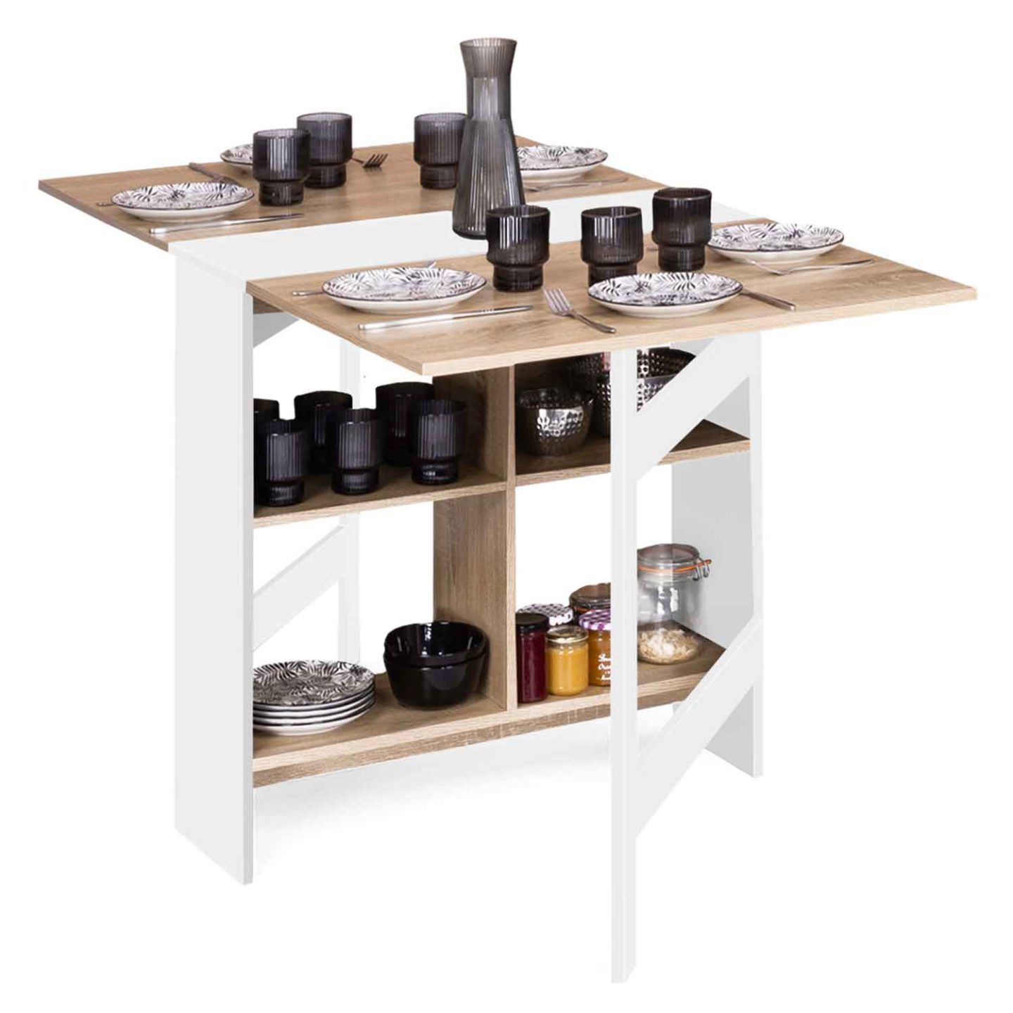 Table console pliable EDI 2-6 personnes avec rangements bois blanc plateau façon hêtre 150 x 80 cm - 5
