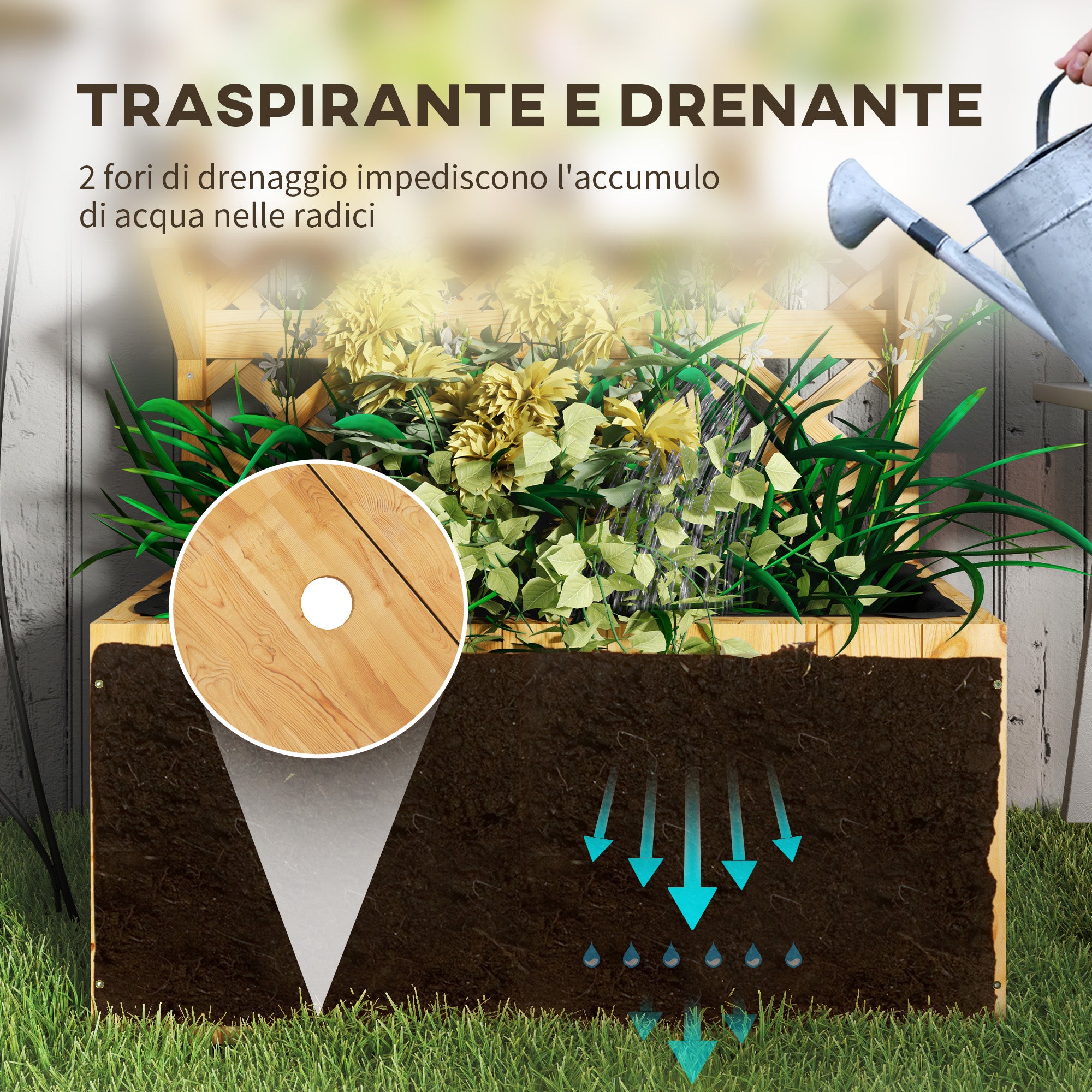 Outsunny Fioriera con Traliccio per Rampicanti, Fori di Drenaggio e 2 Mensole, in Legno di Abete, 76x33x177 cm - 5