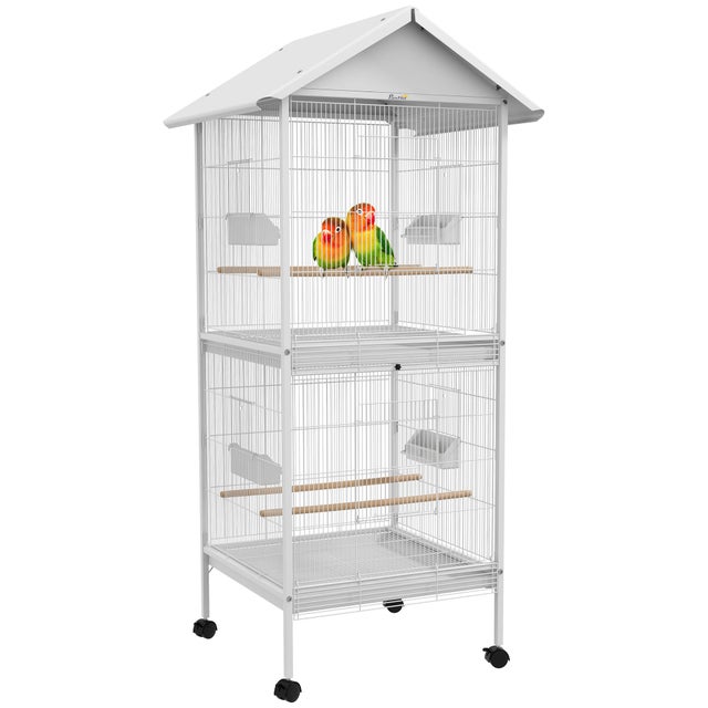 Gaiola Dupla para Pássaros 2 em 1 com Rodas 78x75x168cm Branco - 4 Comedouros e Poleiros