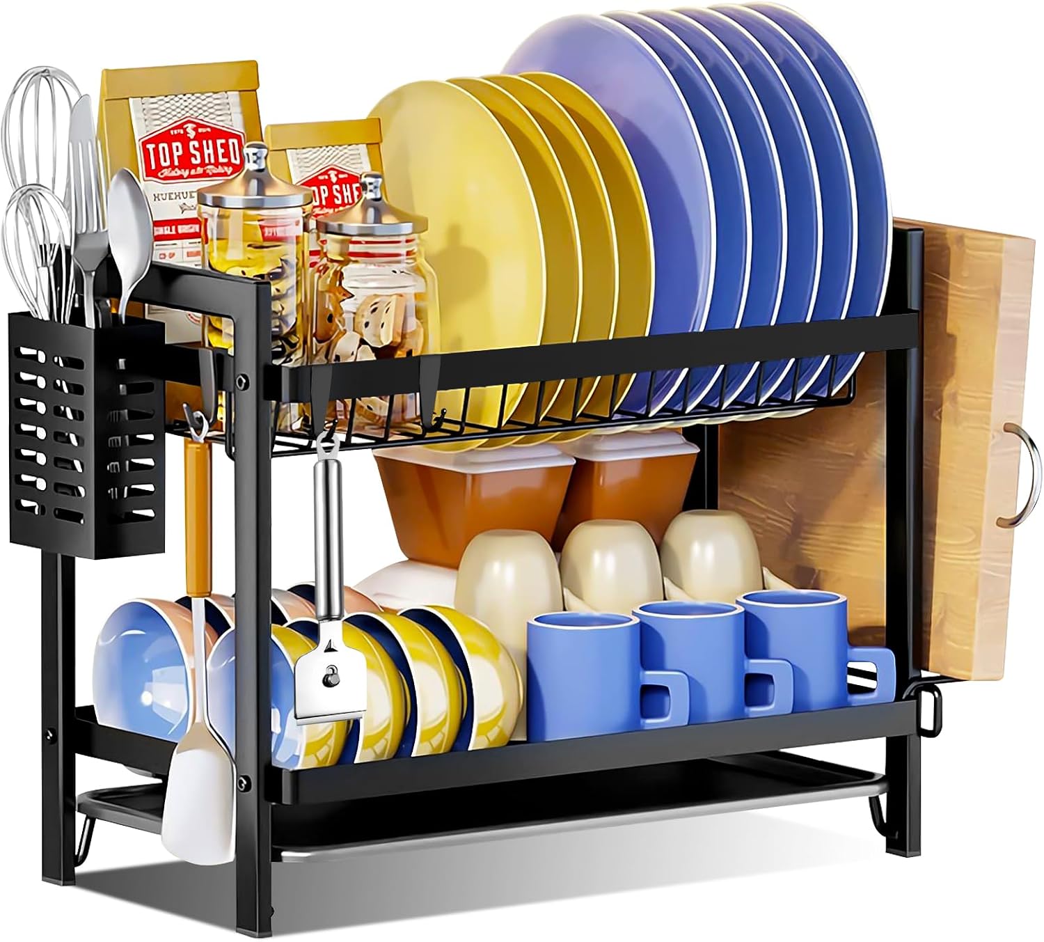 Dwupoziomowa suszarka do naczyń kuchennych, czarna suszarka do naczyń