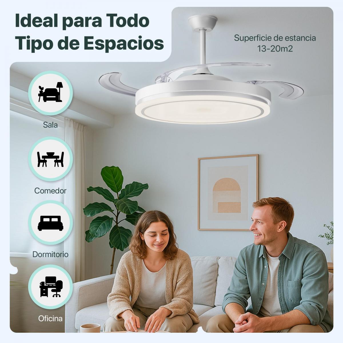 LEDUNI Ventilador con Luz LED Blanco Ø 50cm con mando+APP,Motor DC +Luz LED, 66W aspas retráctiles, CCT, Silencioso - 7