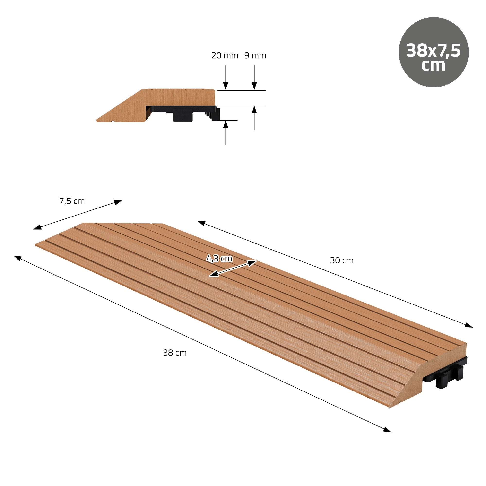 ML-Design listwa narożna lewa wpc jasnobrązowy 38x2x7,5 cm profil drewnopodobny ryflowany z odpływem wzmocniona baza system klik obróbka krawędzi - 7