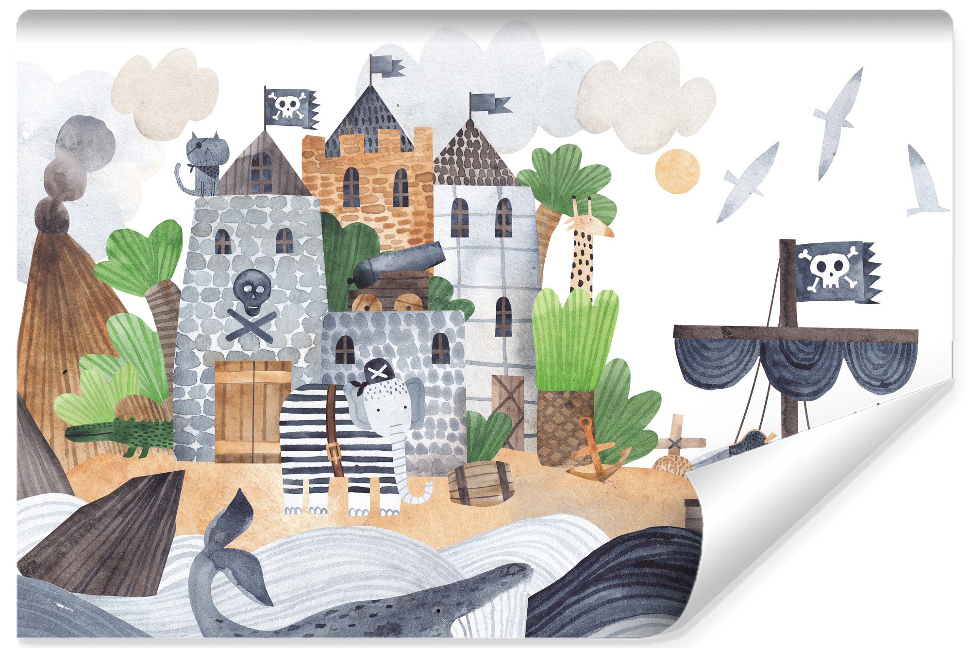 Papel pintado vlieseline foto castillo animales nubes mar para habitación infantil 520cm x 318cm