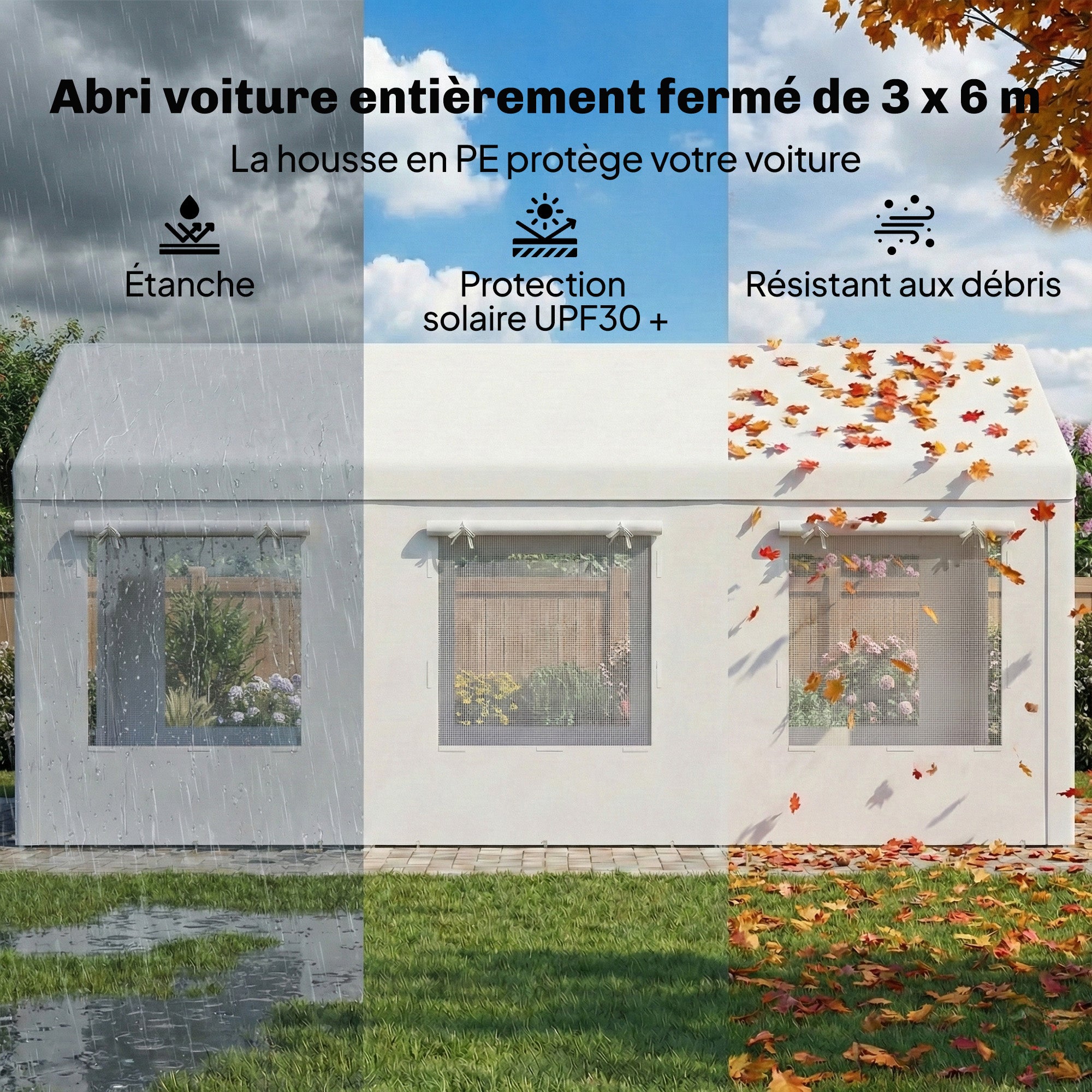 Abri de voiture - Outsunny - protection UV30+ hauteur réglable 6 fenêtres et moustiquaire - acier galvanisé - 3x6m - blanc - 5