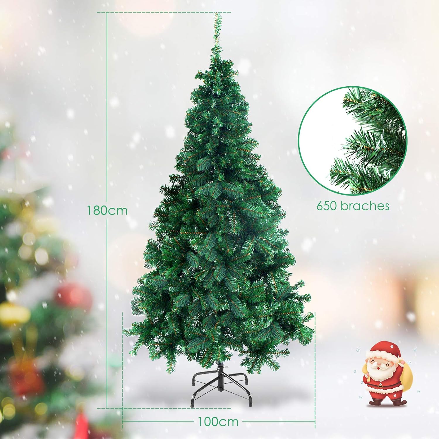 Albero di Natale Realistico di 180 cm, 650 Rami Folti in PVC Ignifugo, Supporto in Ferro, Divisibile per Trasporto e Montaggio Facile, 4 Size - 4