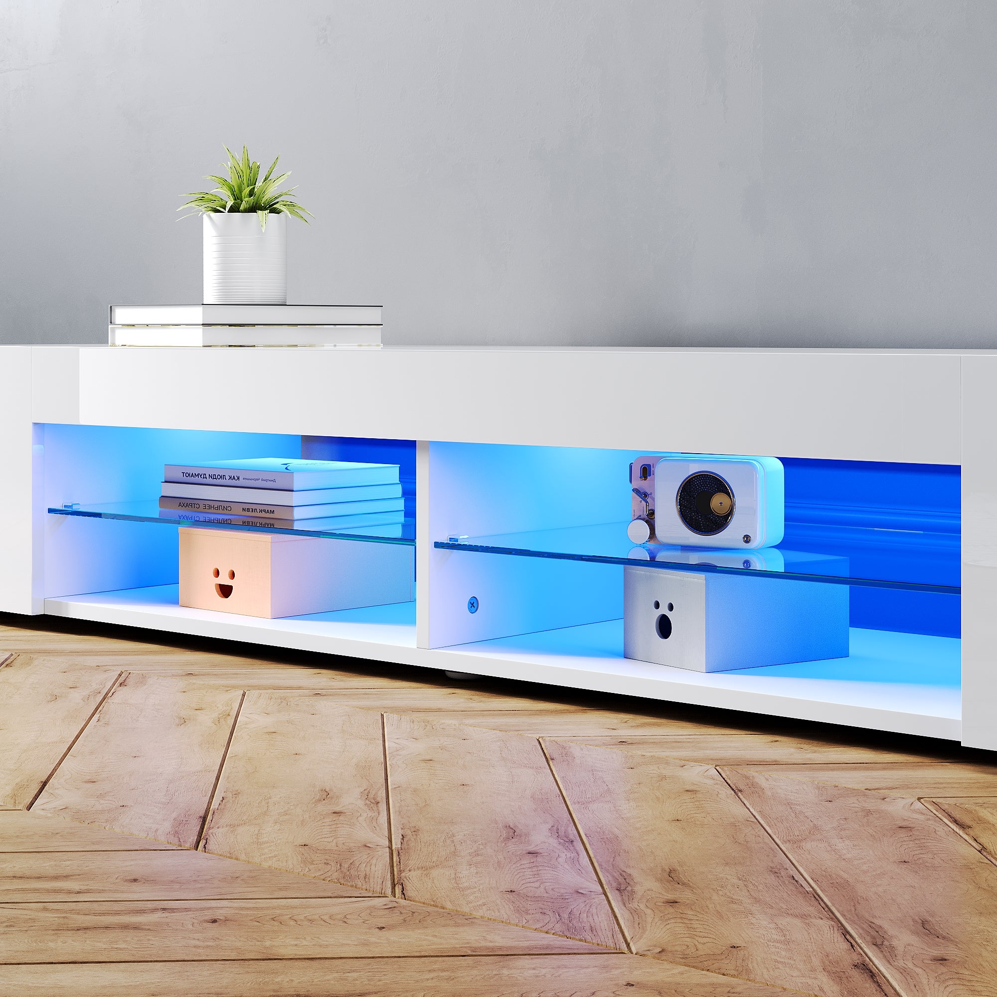 SIRHONA Meuble TV LED Moderne Demi-ouvert Placer Space + Verre Stratifiée + Blanc + 160cm - 4