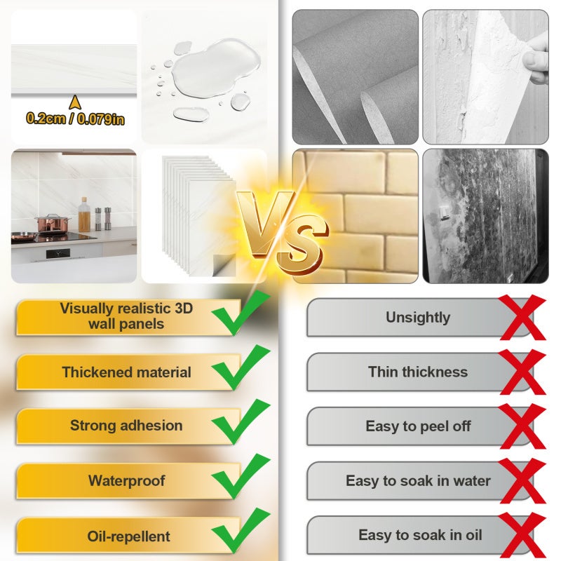 10 Pièces Autocollants pour carrelage, papier peint auto-adhésif en PET imperméable, résistant à l'huile,blanc - 6