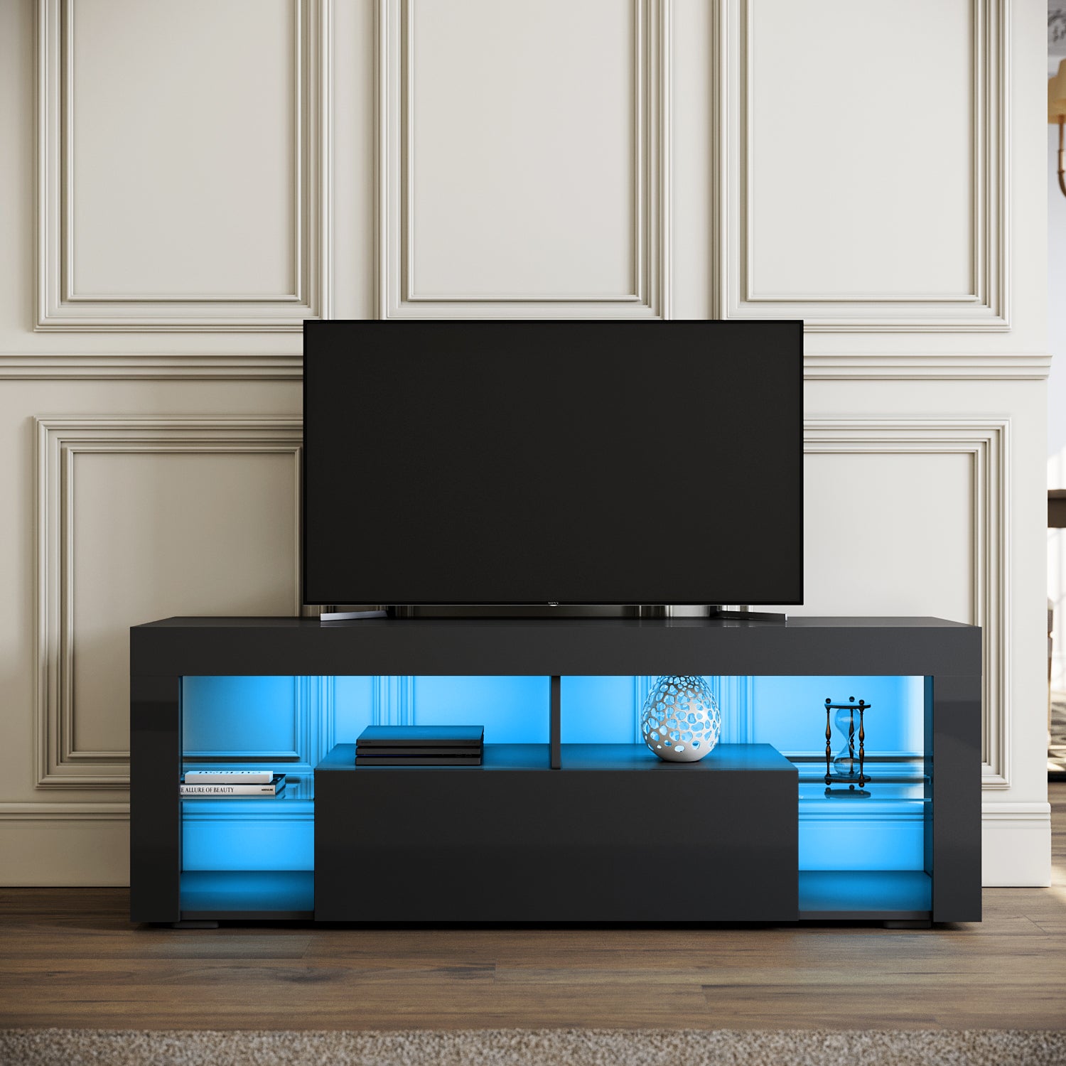 SIRHONA Meuble TV LED Noir,Banc TV 140x35x45cm,Éclairage LED RGB avec Couleur réglable,Convient pour Salon ou Chambre - 2